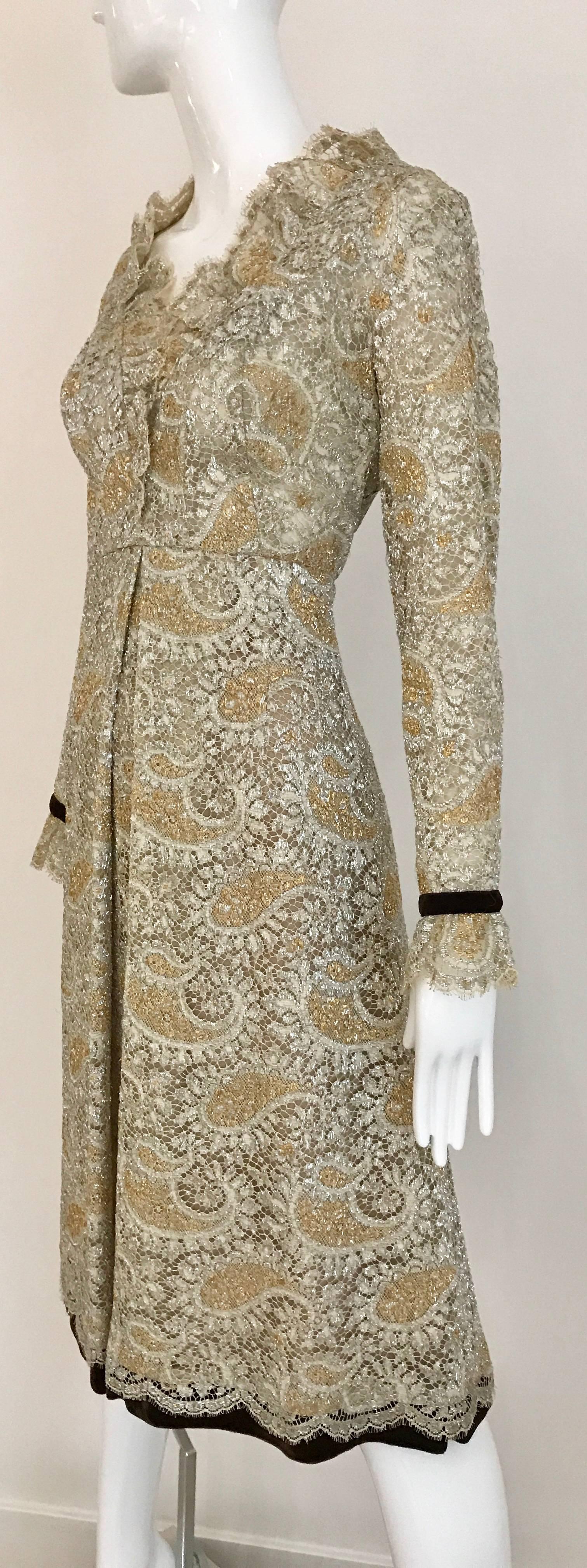 Brown 1960s Gold Metallic Lace Long Sleeve Cocktail Dress