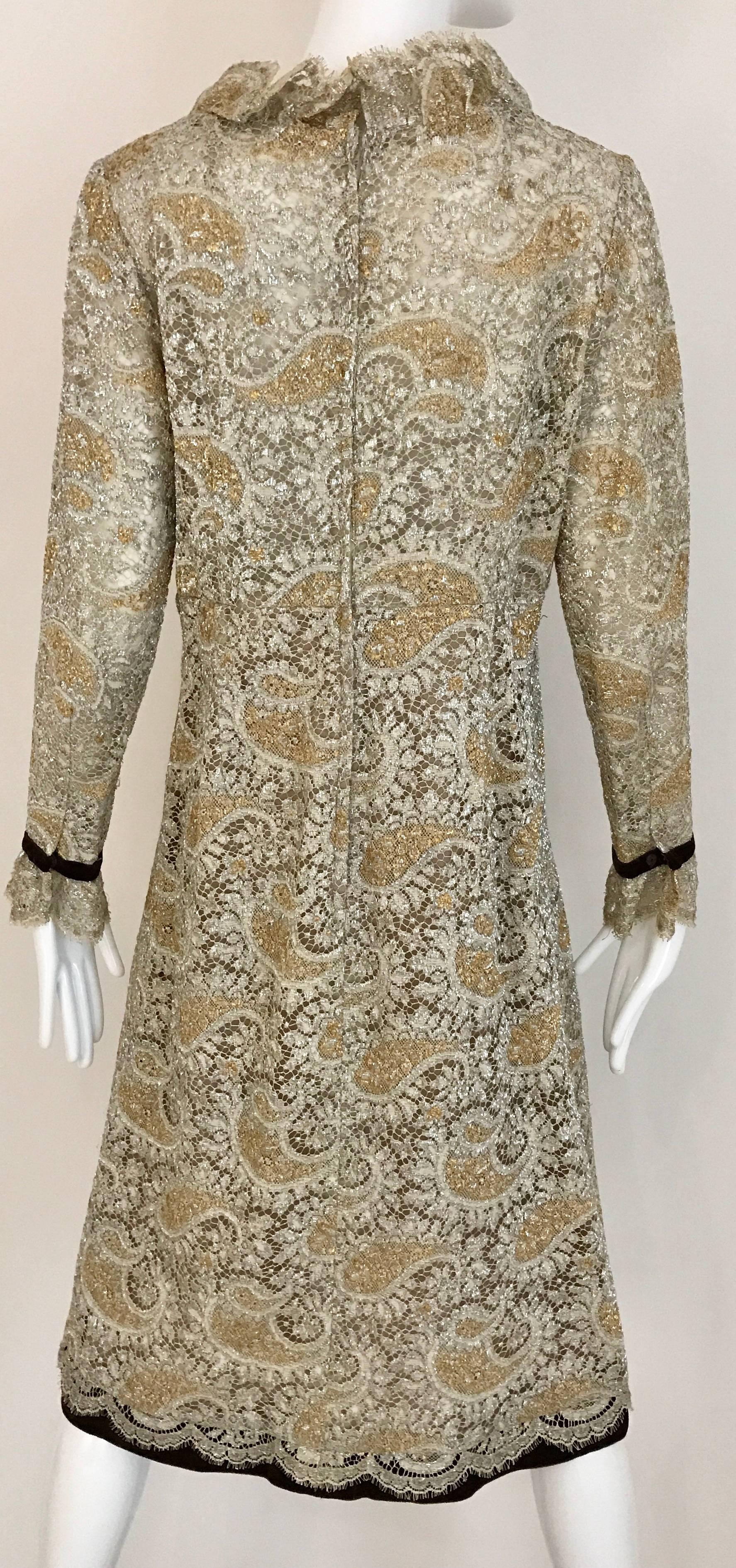 1960s Gold Metallic Lace Long Sleeve Cocktail Dress In Excellent Condition In Beverly Hills, CA