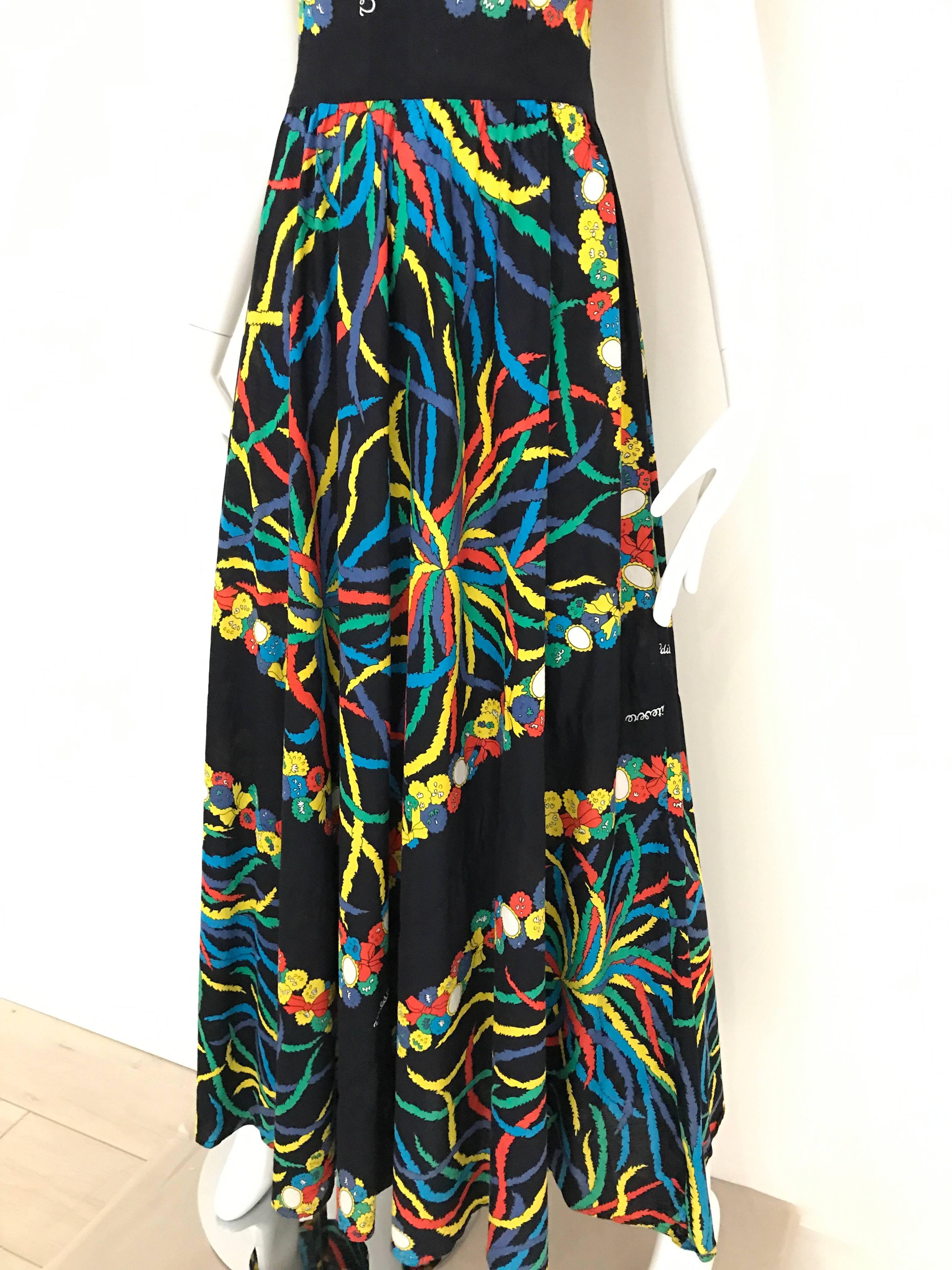 1970s Valditevere Firenze Black Multi Color Print Cotton Dress 1