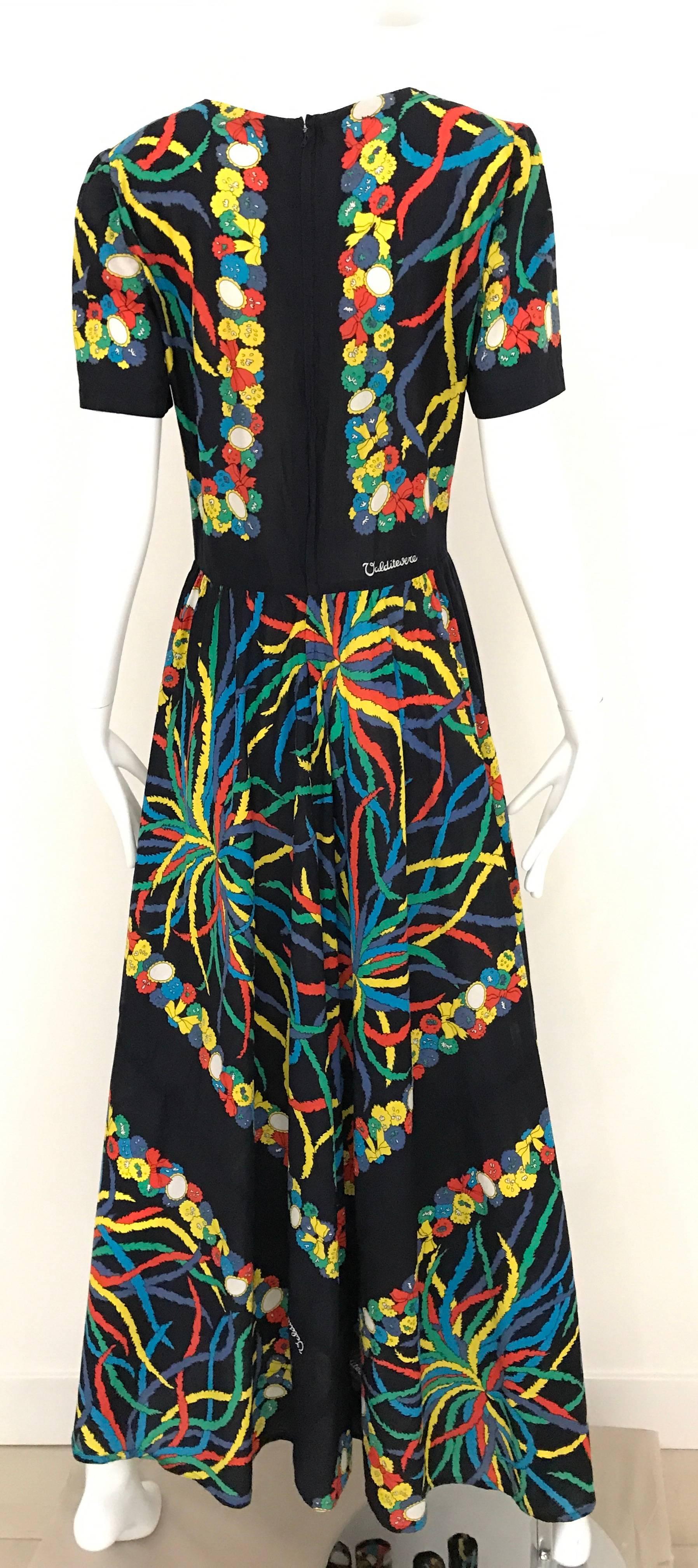 1970s Valditevere Firenze Black Multi Color Print Cotton Dress In Excellent Condition In Beverly Hills, CA