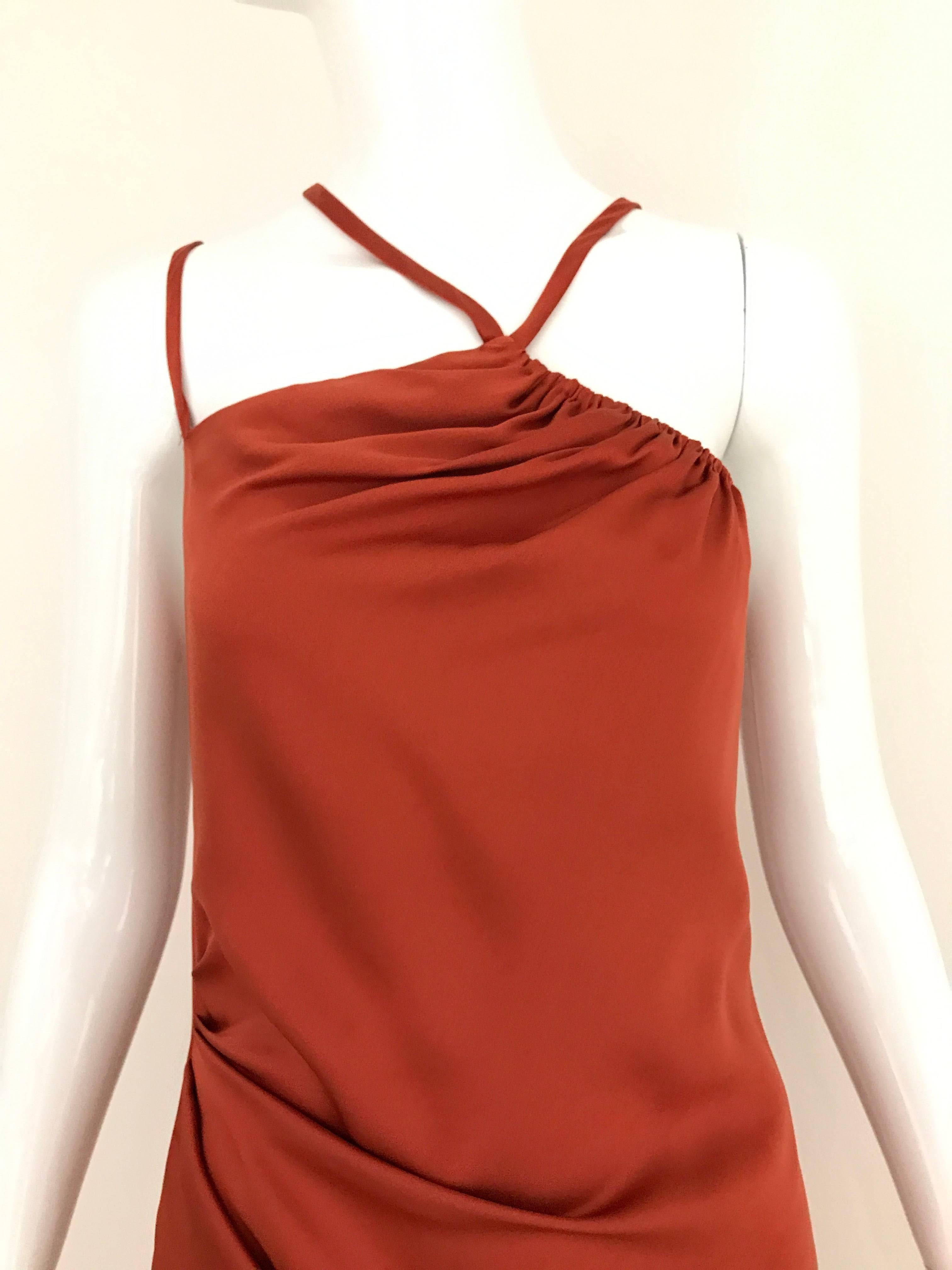 Vintage BILL BLASS Orange Burnt Silk Gown with asymmetrical shoulder strap.
zip at the back and slightly ruching on the waist. What an elegance gown.
Fit US - Medium
Bust: 38 inch / Waist: 32 inch / Hip 42 inch / Length: 62 inch

**** This Garment