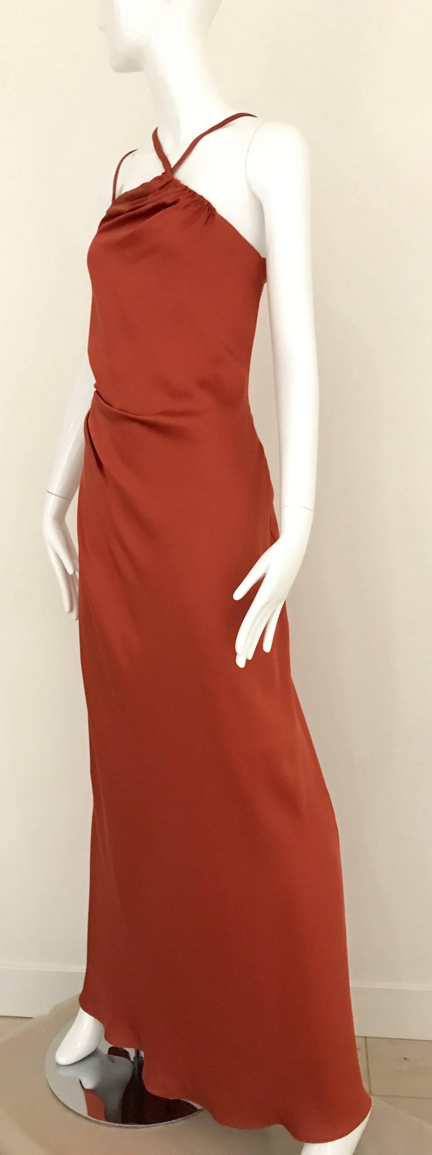 Red 1990s BILL BLASS Burnt Orange Silk Charmeuse Asymetrical Neckline Dress