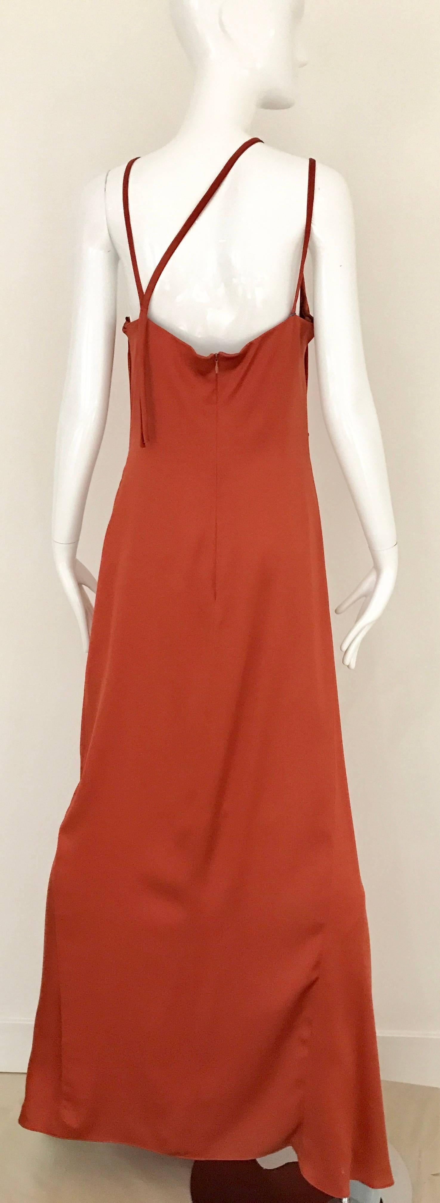 1990s BILL BLASS Burnt Orange Silk Charmeuse Asymetrical Neckline Dress 1