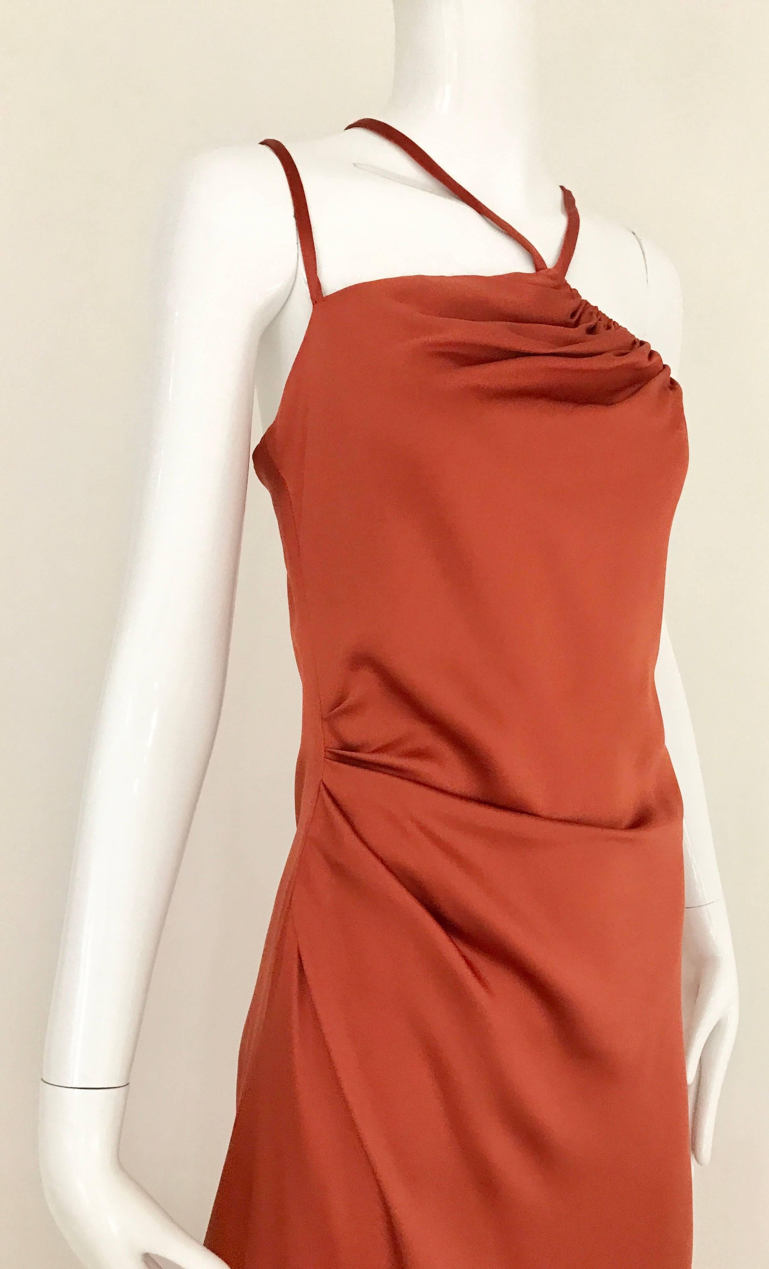 1990s BILL BLASS Burnt Orange Silk Charmeuse Asymetrical Neckline Dress In Good Condition In Beverly Hills, CA