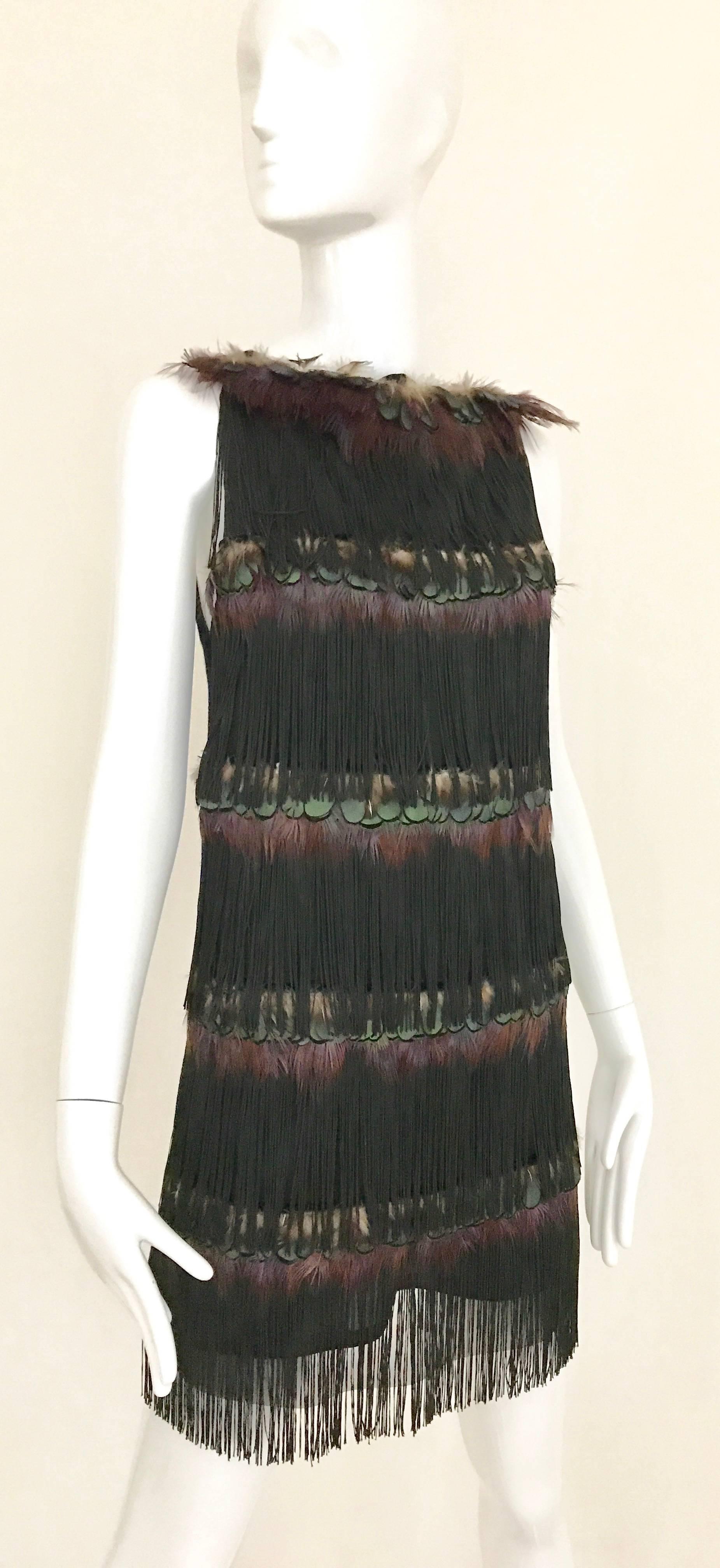 Alessandro dell'acqua Peacock Feather Fringe Tassel  Cocktail Mini Dress In Excellent Condition For Sale In Beverly Hills, CA