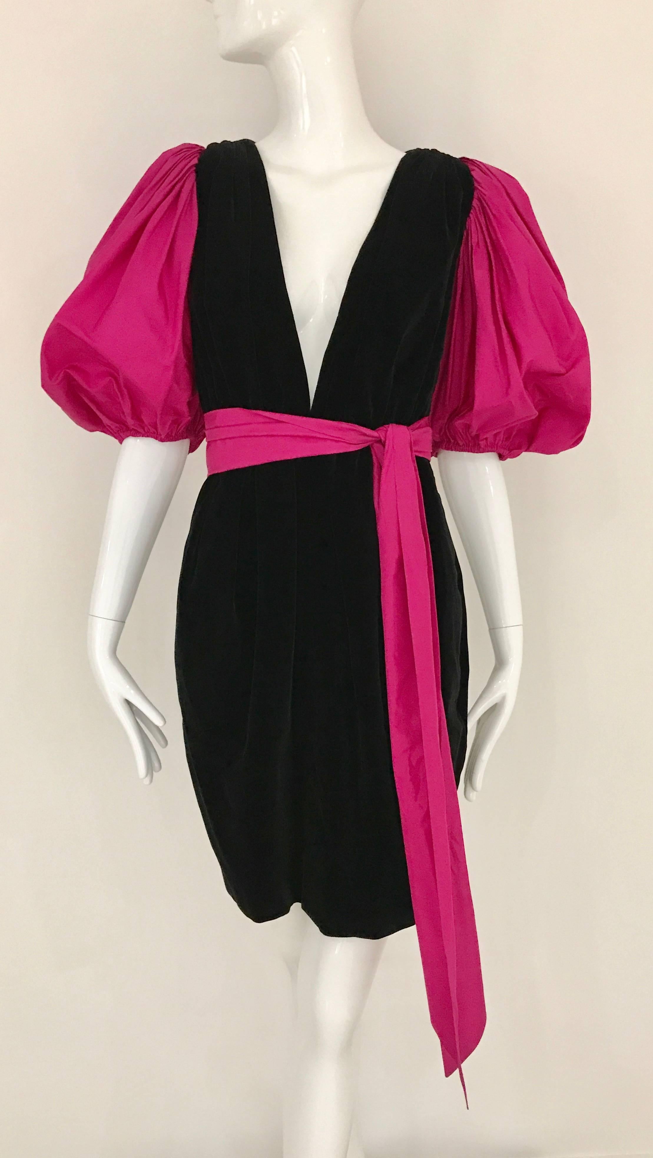 1980s Saint Laurent Plunging Neckline Velvet Dress with Dramatic Pink sleeves In Good Condition In Beverly Hills, CA