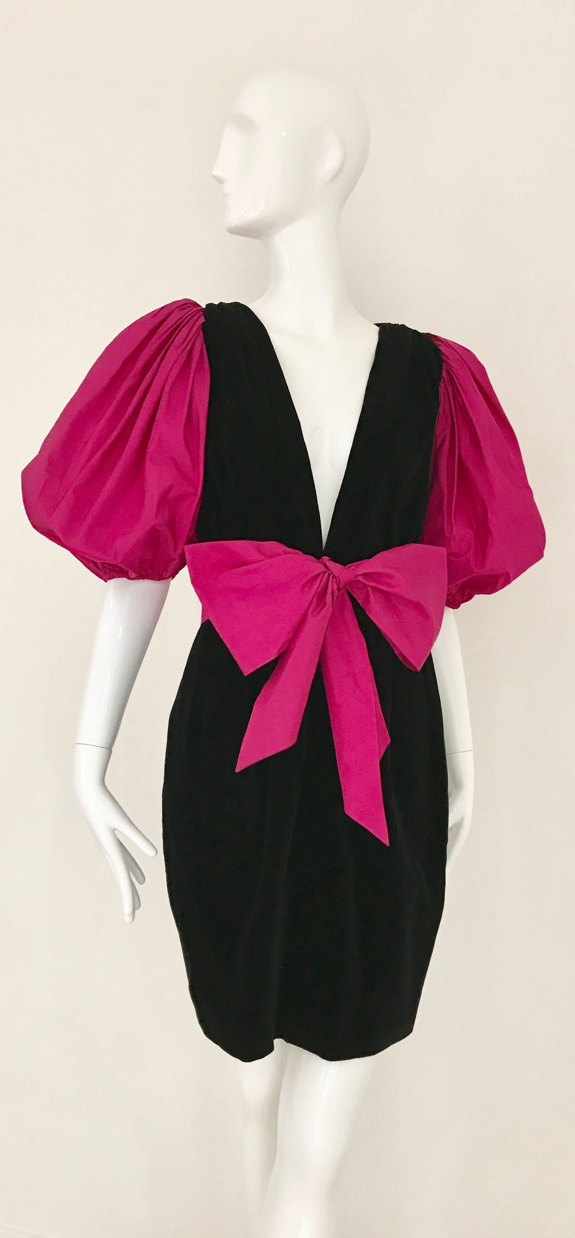 Women's 1980s Saint Laurent Plunging Neckline Velvet Dress with Dramatic Pink sleeves