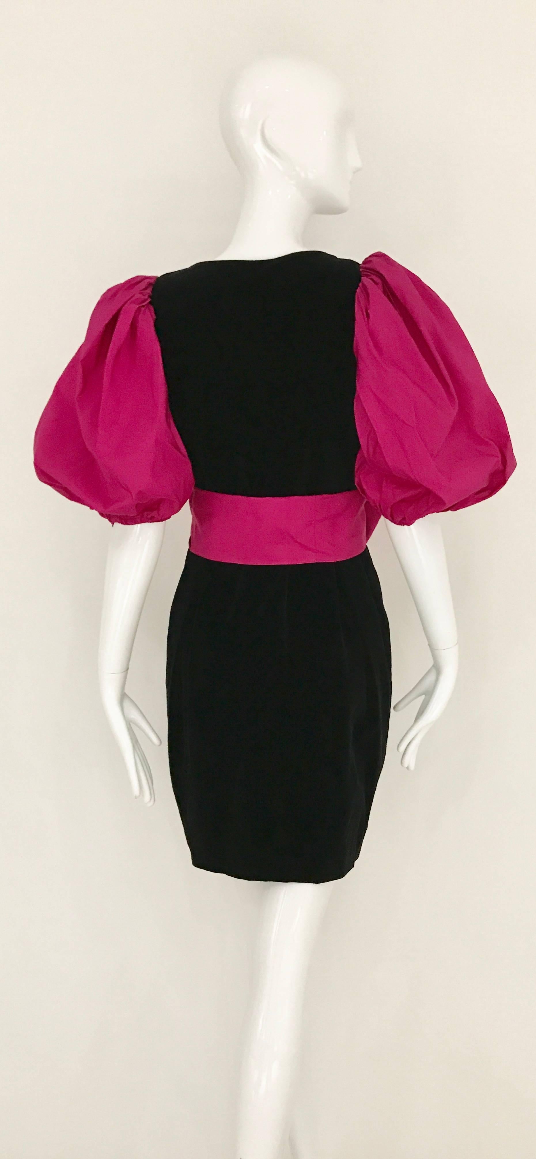 1980s Saint Laurent Plunging Neckline Velvet Dress with Dramatic Pink sleeves 1