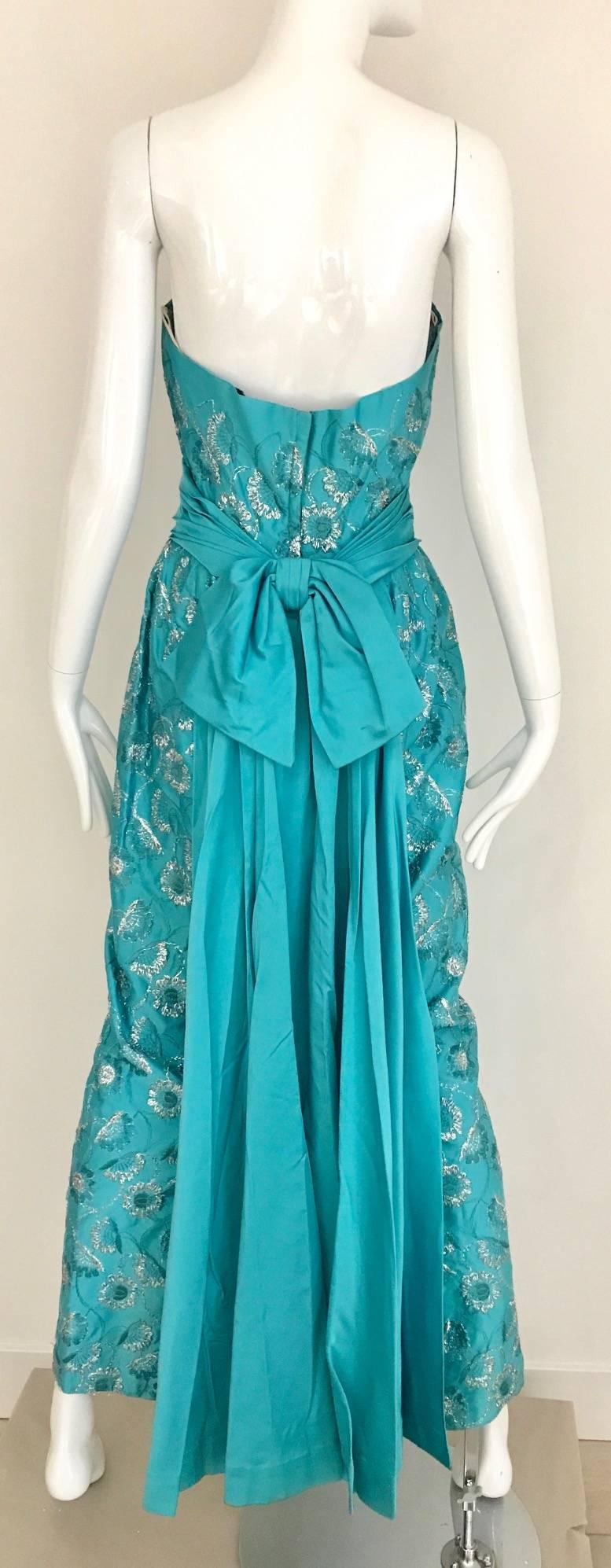 1960s Turquoise Blue Strapless Gown with Silver Floral Embroidery In Good Condition In Beverly Hills, CA