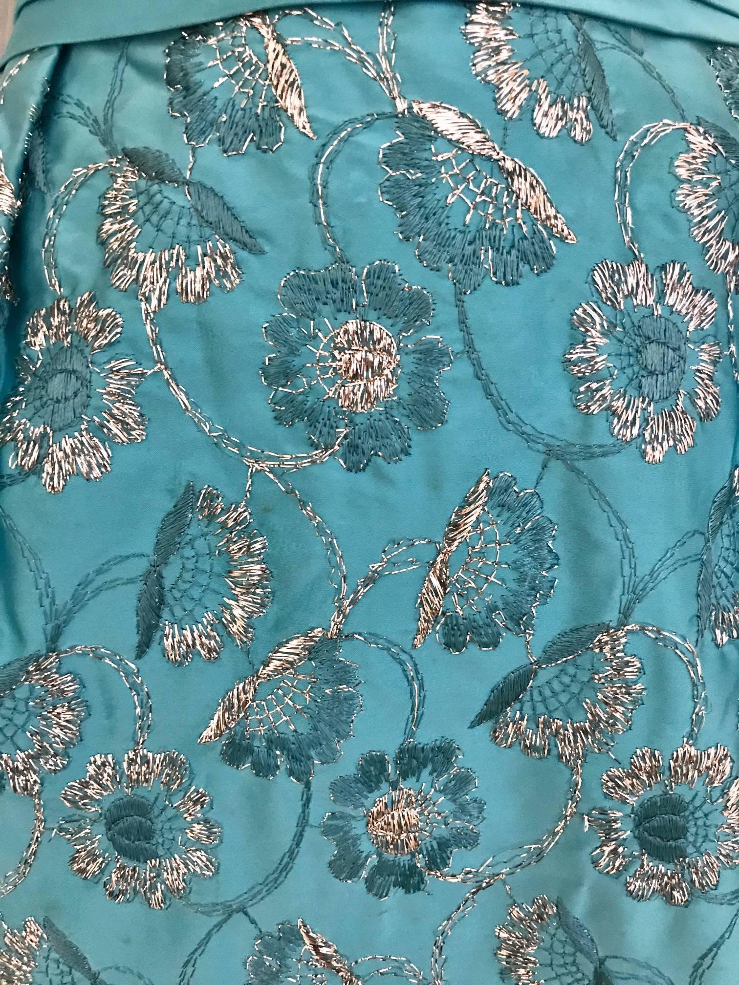 Women's 1960s Turquoise Blue Strapless Gown with Silver Floral Embroidery