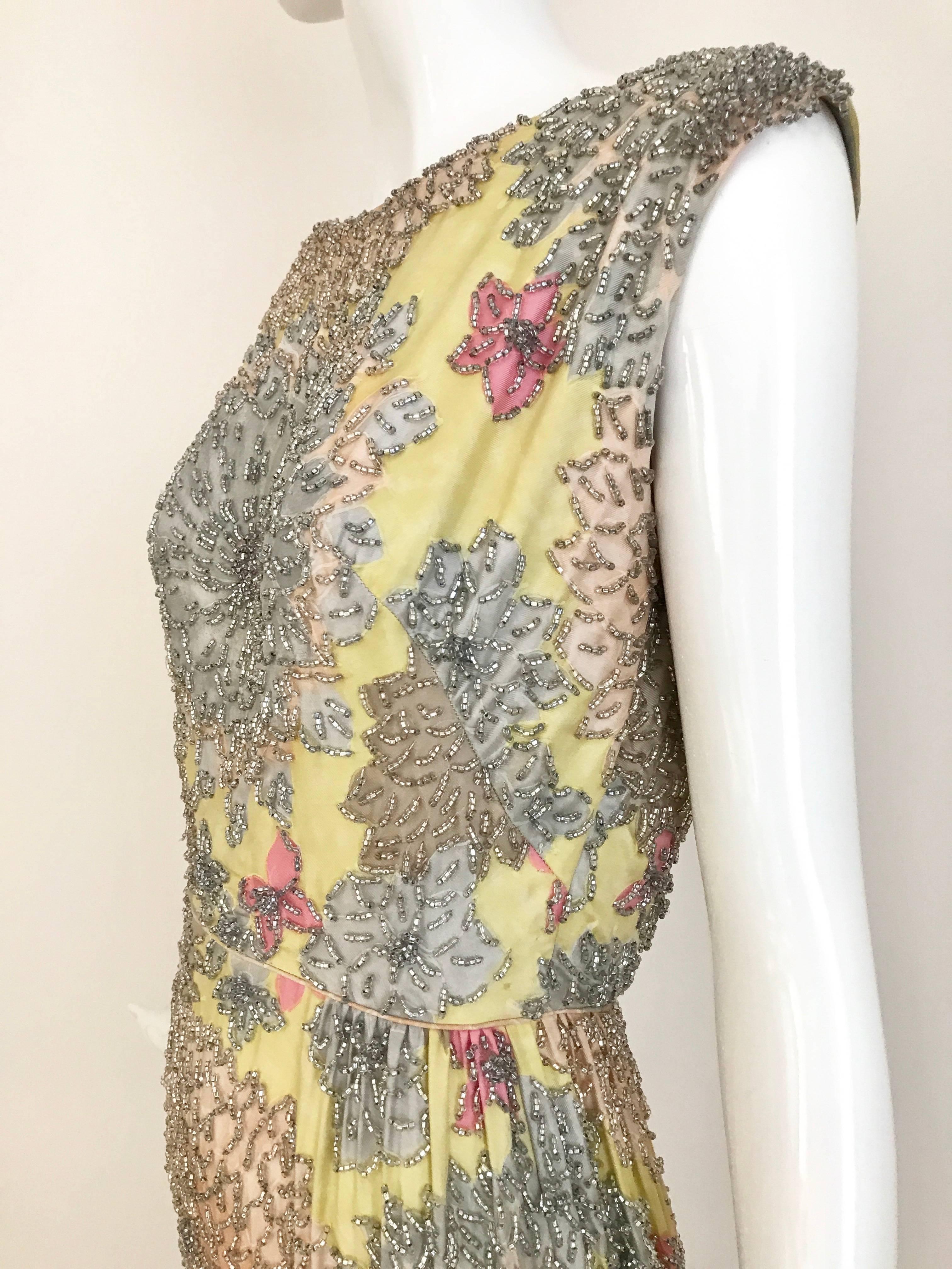 Vintage Malcolm Starr 1960s Yellow Floral Beaded Sleeveless Dress In Good Condition In Beverly Hills, CA