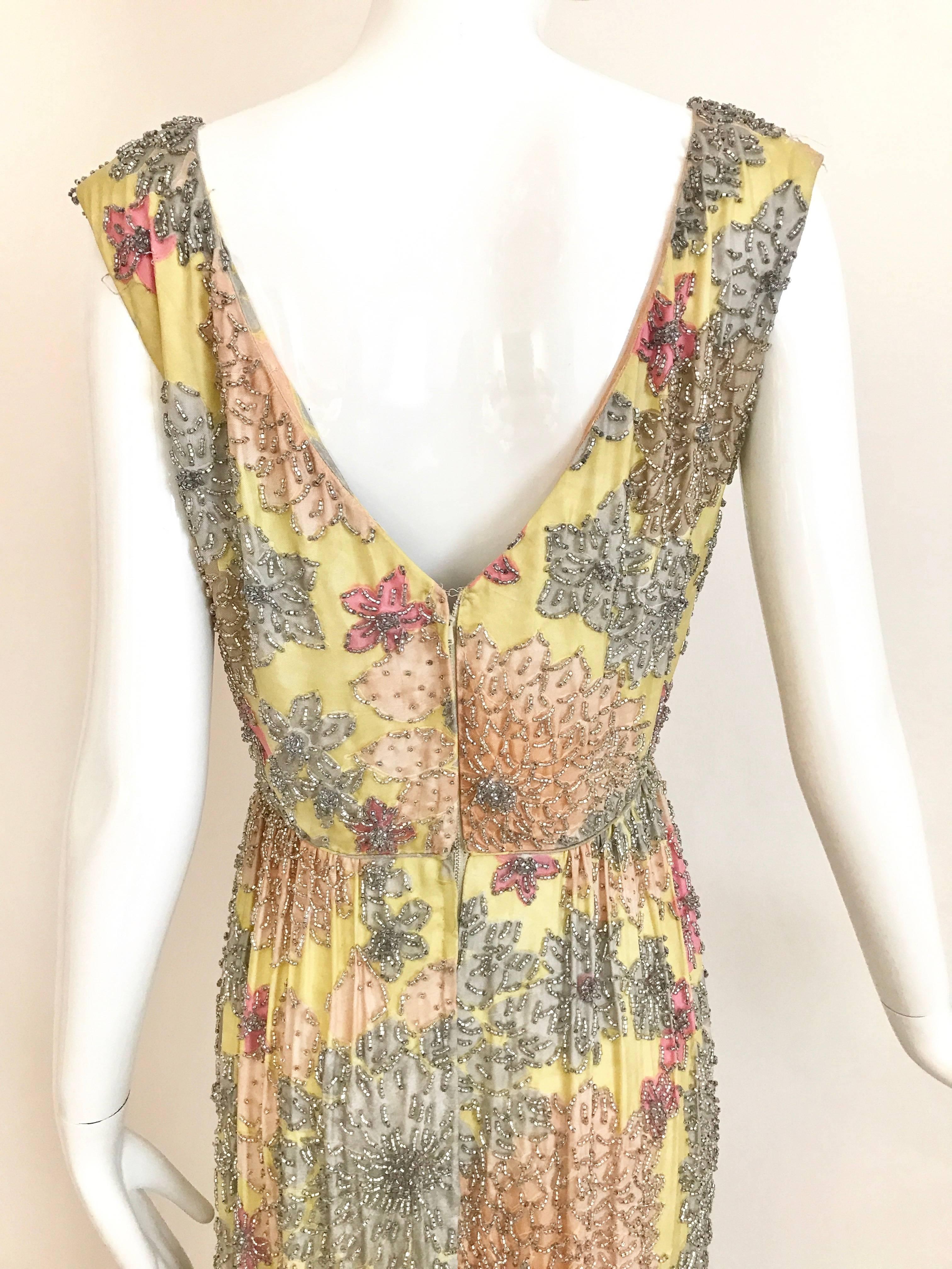 Vintage Malcolm Starr 1960s Yellow Floral Beaded Sleeveless Dress 1