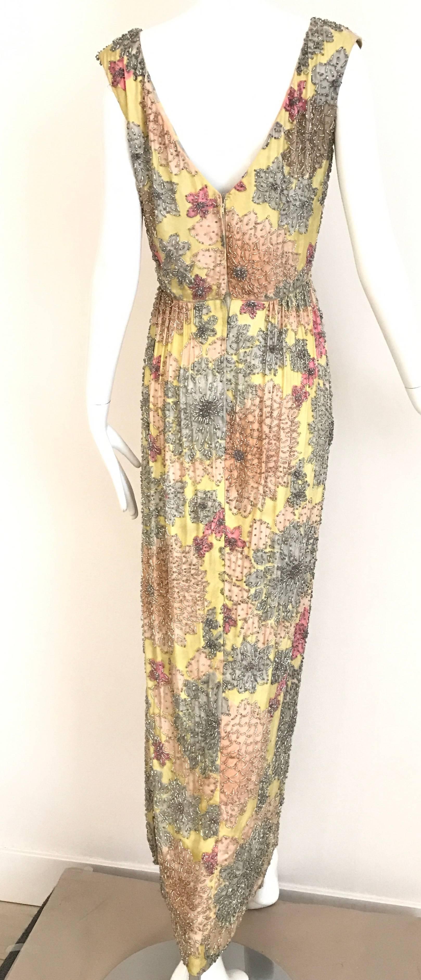 Women's Vintage Malcolm Starr 1960s Yellow Floral Beaded Sleeveless Dress