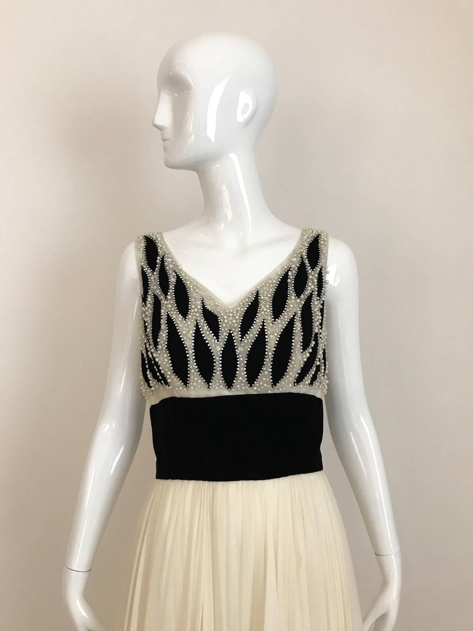 Women's 1950s Philip Hulitar Ivory and Black Velvet Pearl Encrusted Beaded Gown For Sale