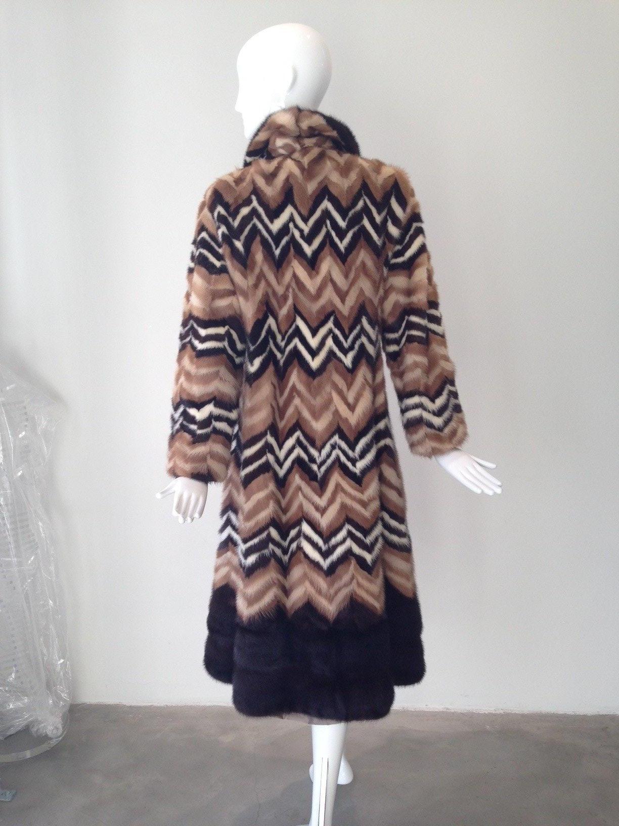 Black Vintage Brown and creme chevron Mink coat, 1970s  