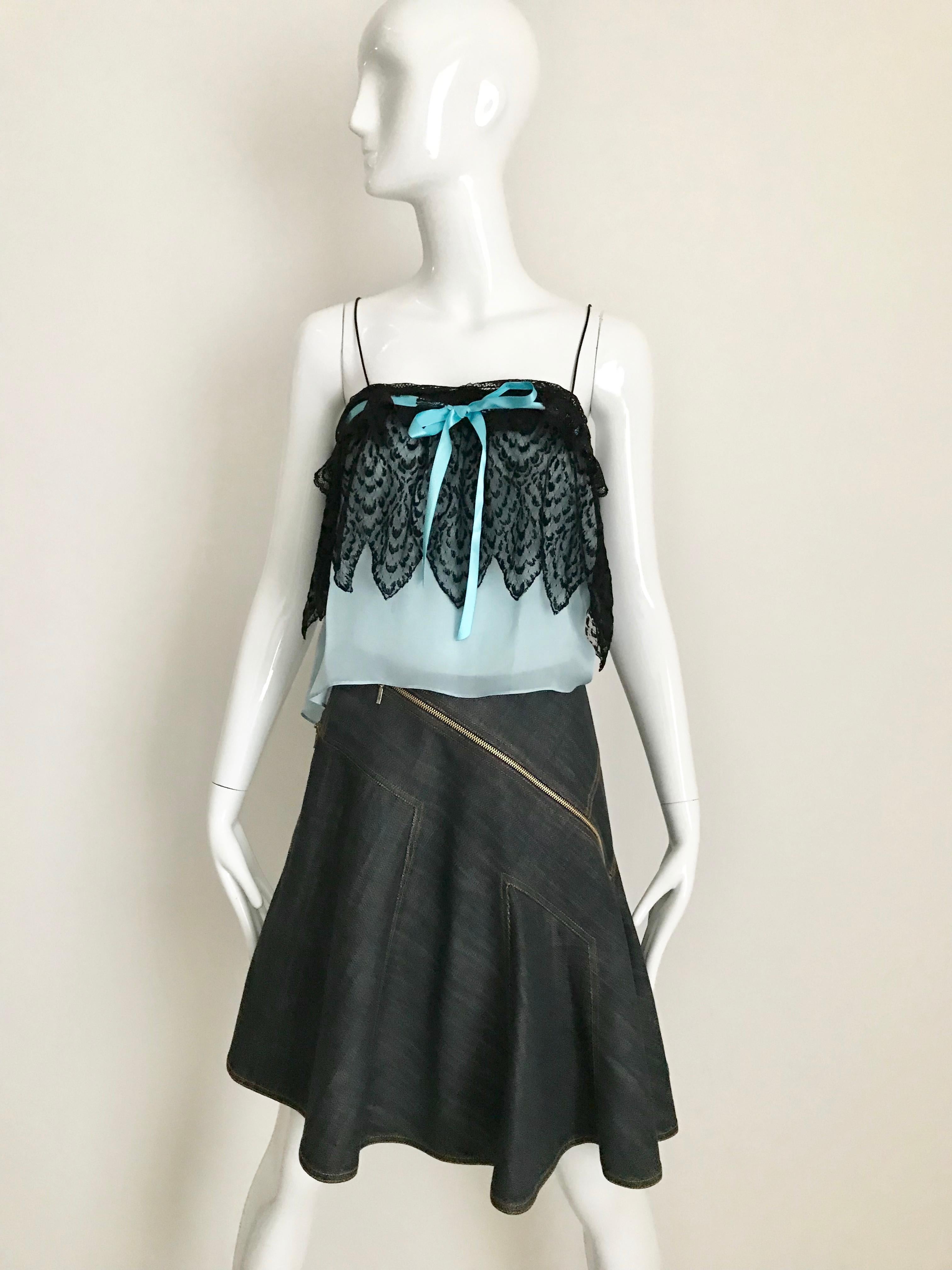 Yves Saint Laurent Blue and Black Silk Lace Spaghetti Strap Blouse  In Excellent Condition For Sale In Beverly Hills, CA