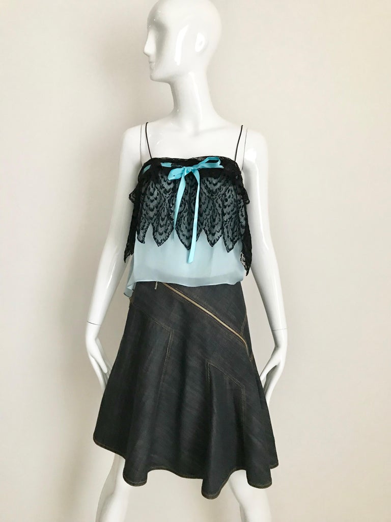 Yves Saint Laurent Blue and Black Silk Lace Spaghetti Strap Blouse  For Sale 2