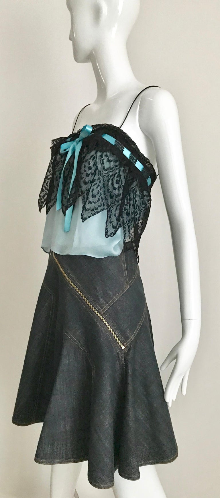 Yves Saint Laurent Blue and Black Silk Lace Spaghetti Strap Blouse  For Sale 3