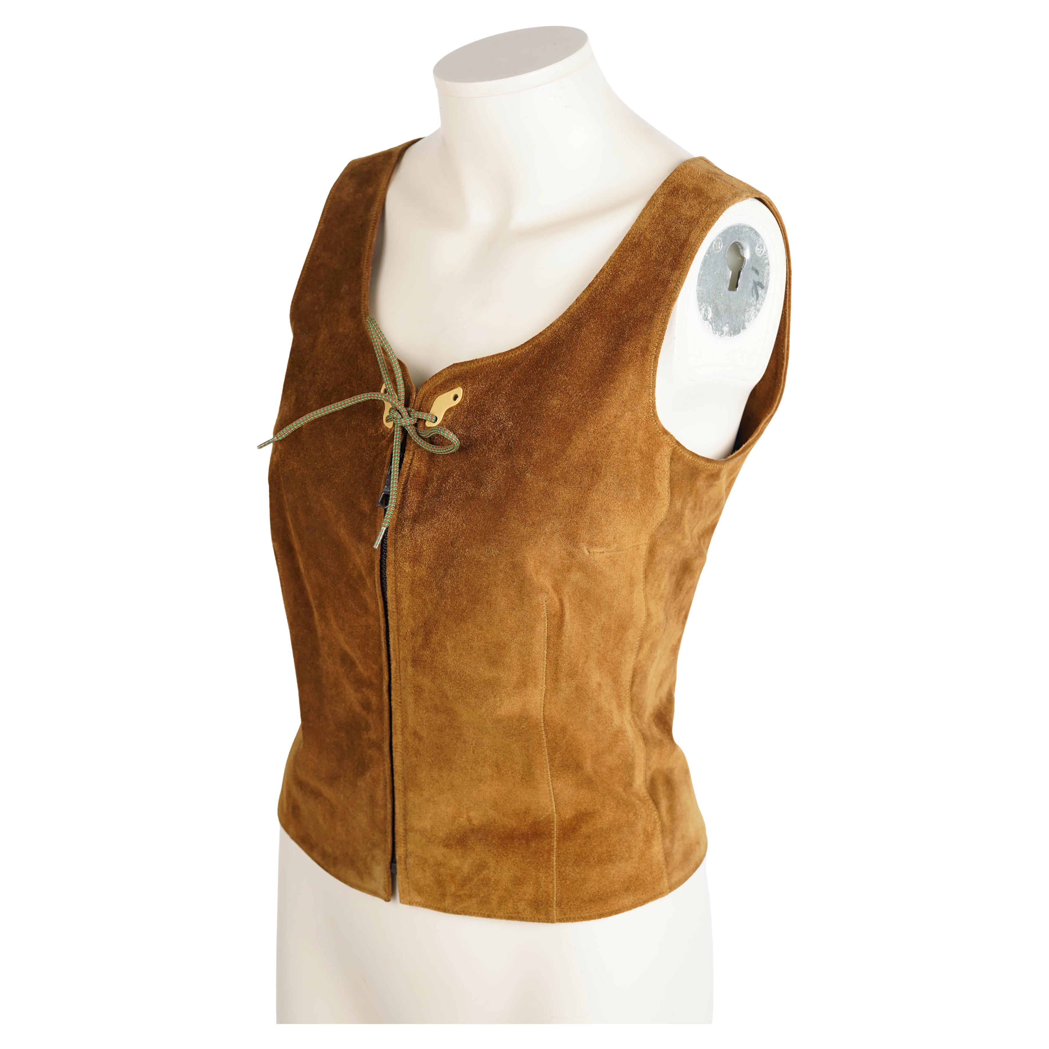 Brown F/W 1999 Miu Miu Copper Suede Leather Front Zip Corset For Sale