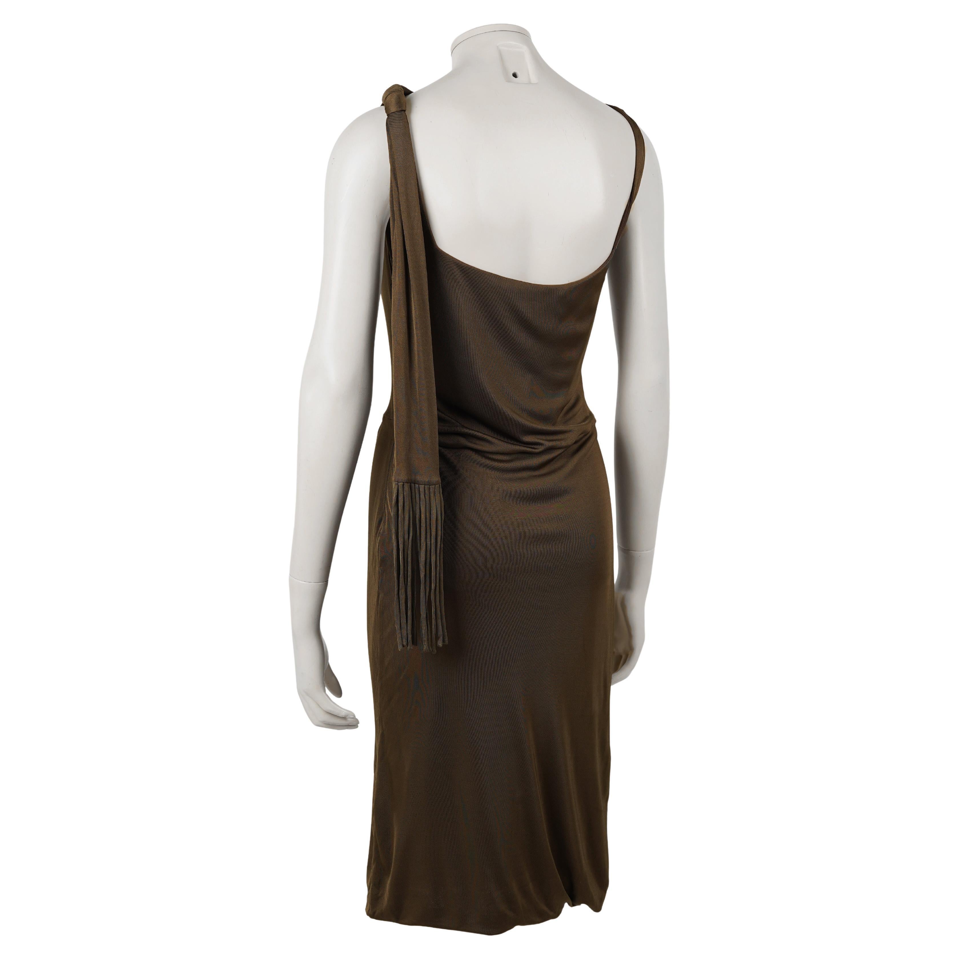 Women's Gucci Olive Draped Open-Back Evening Dress Fringe Detail, Frida Giannini, 2008