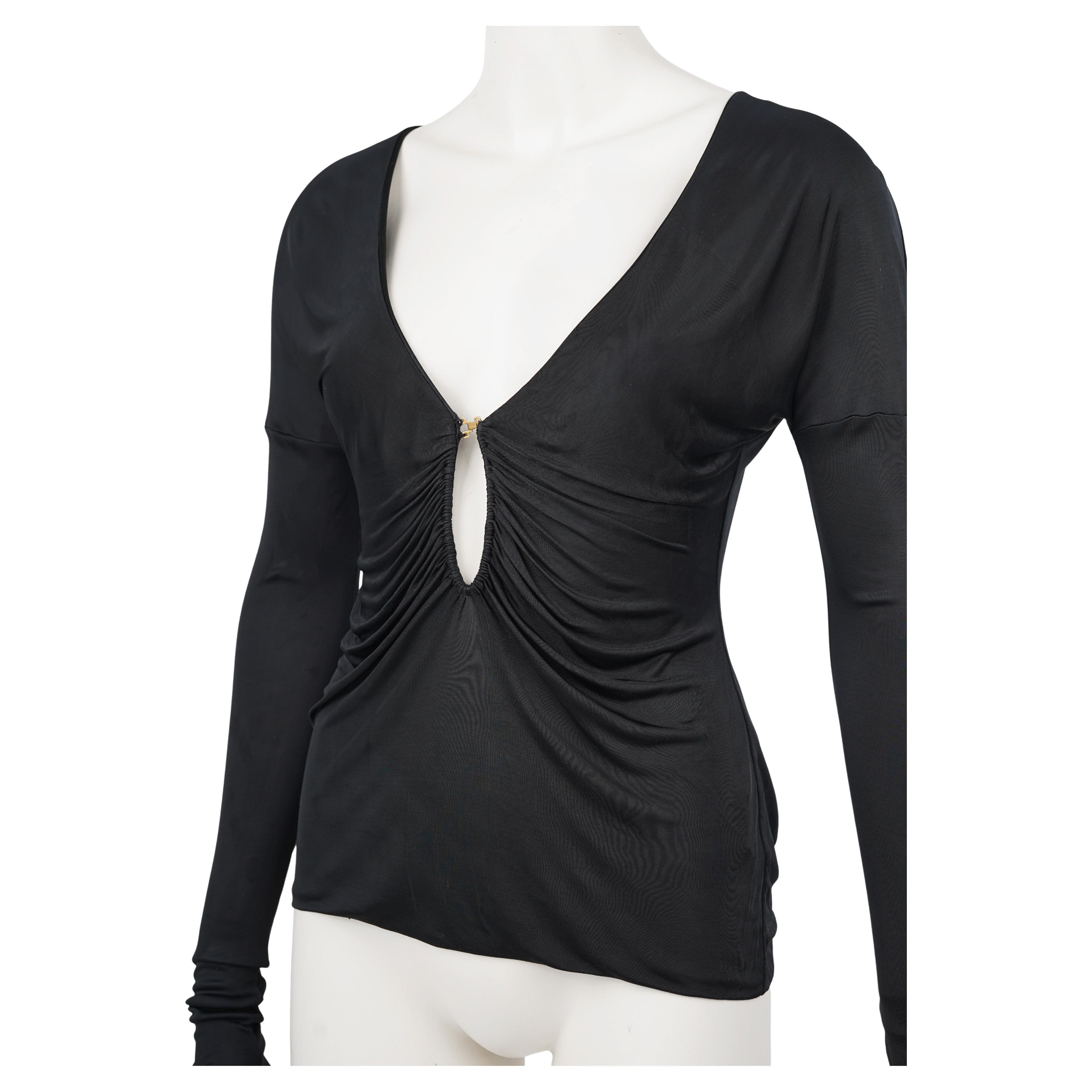 Tom Ford for Gucci Fall/Winter 2003 Black Draped Viscose Top with Jeweled Clasp For Sale 1