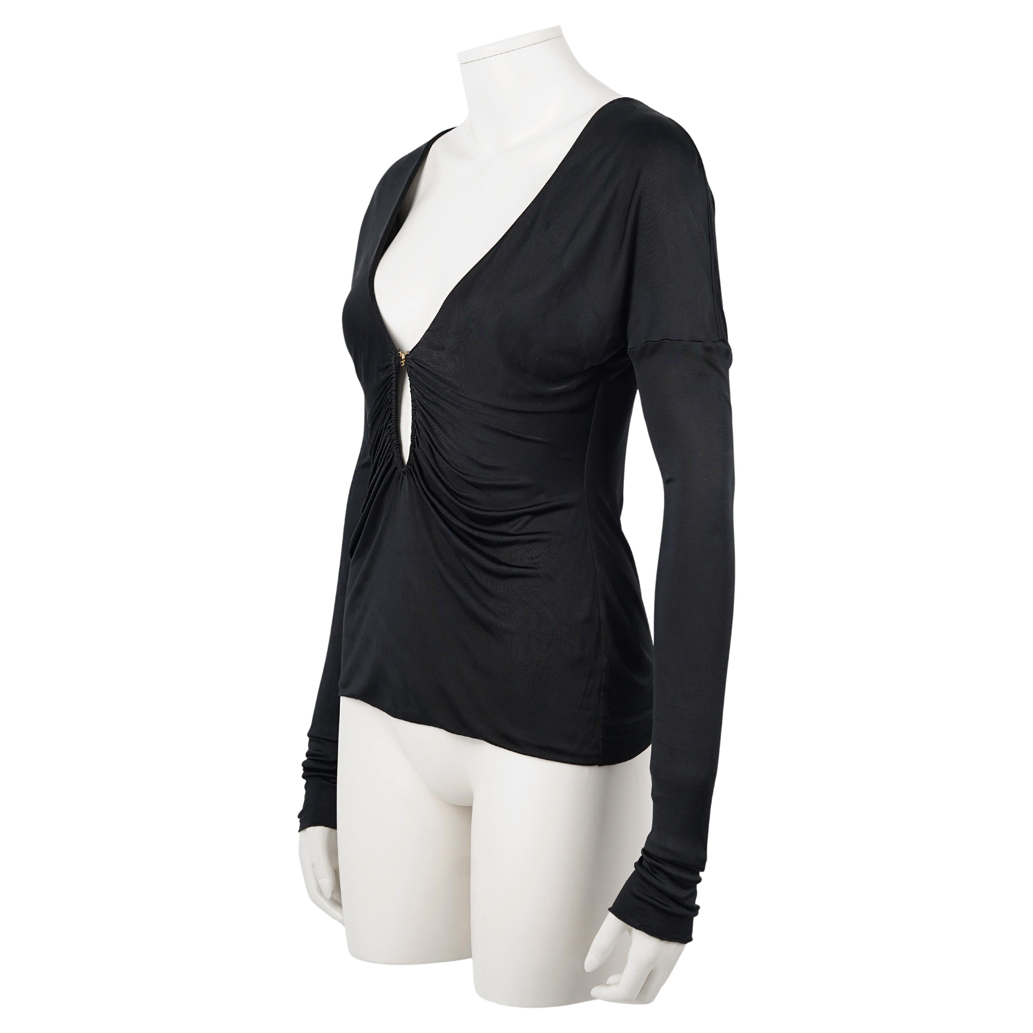 Tom Ford for Gucci Fall/Winter 2003 Black Draped Viscose Top with Jeweled Clasp In Good Condition For Sale In Berlin, DE