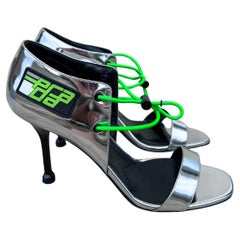 Prada F/W 2018 Runway Silver Techno Sport Lace-Up Heels with Neon Green Cord