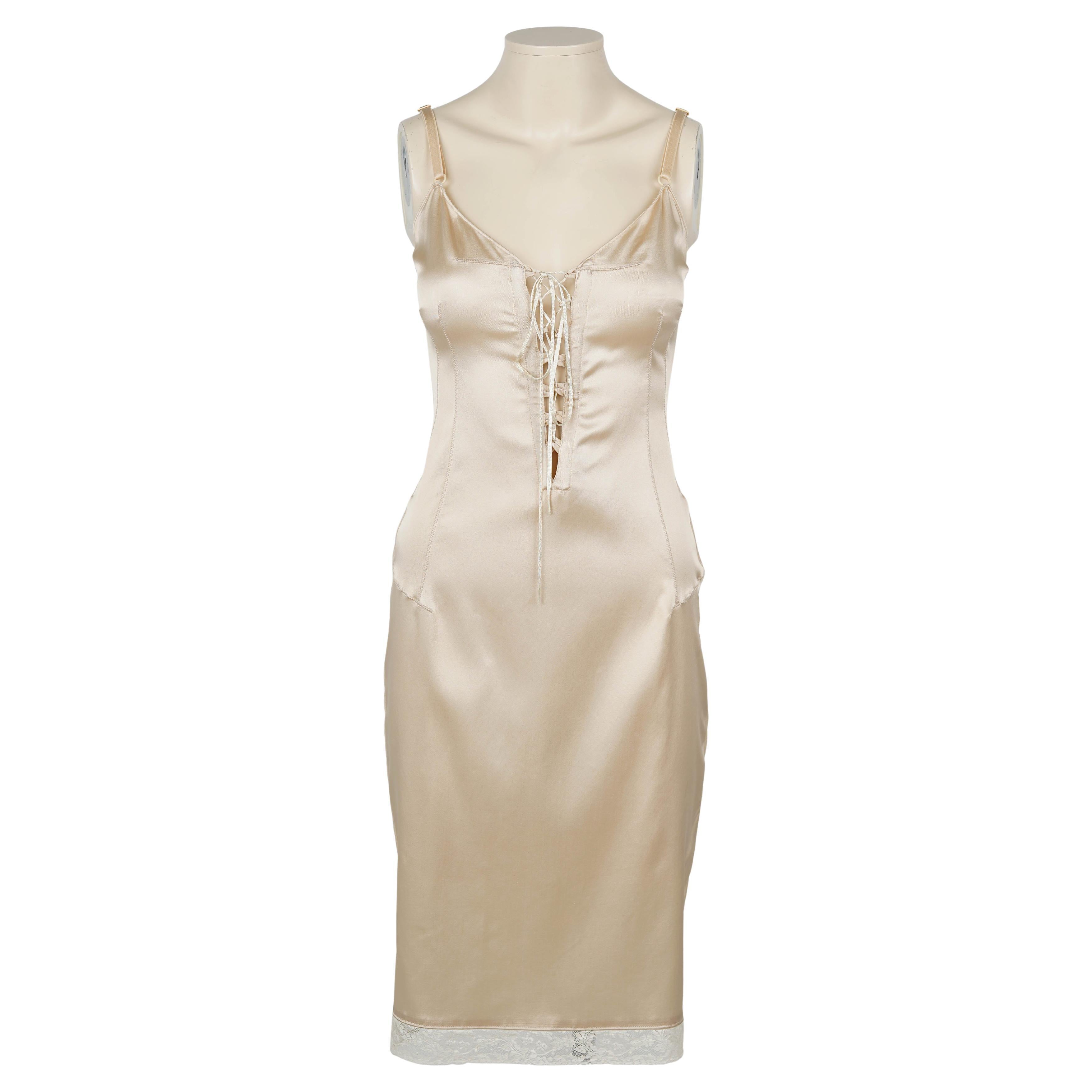 D&G by Dolce & Gabbana Champagnerfarbenes Satin-Korsett-Negligé-Kleid, Anfang 2000er