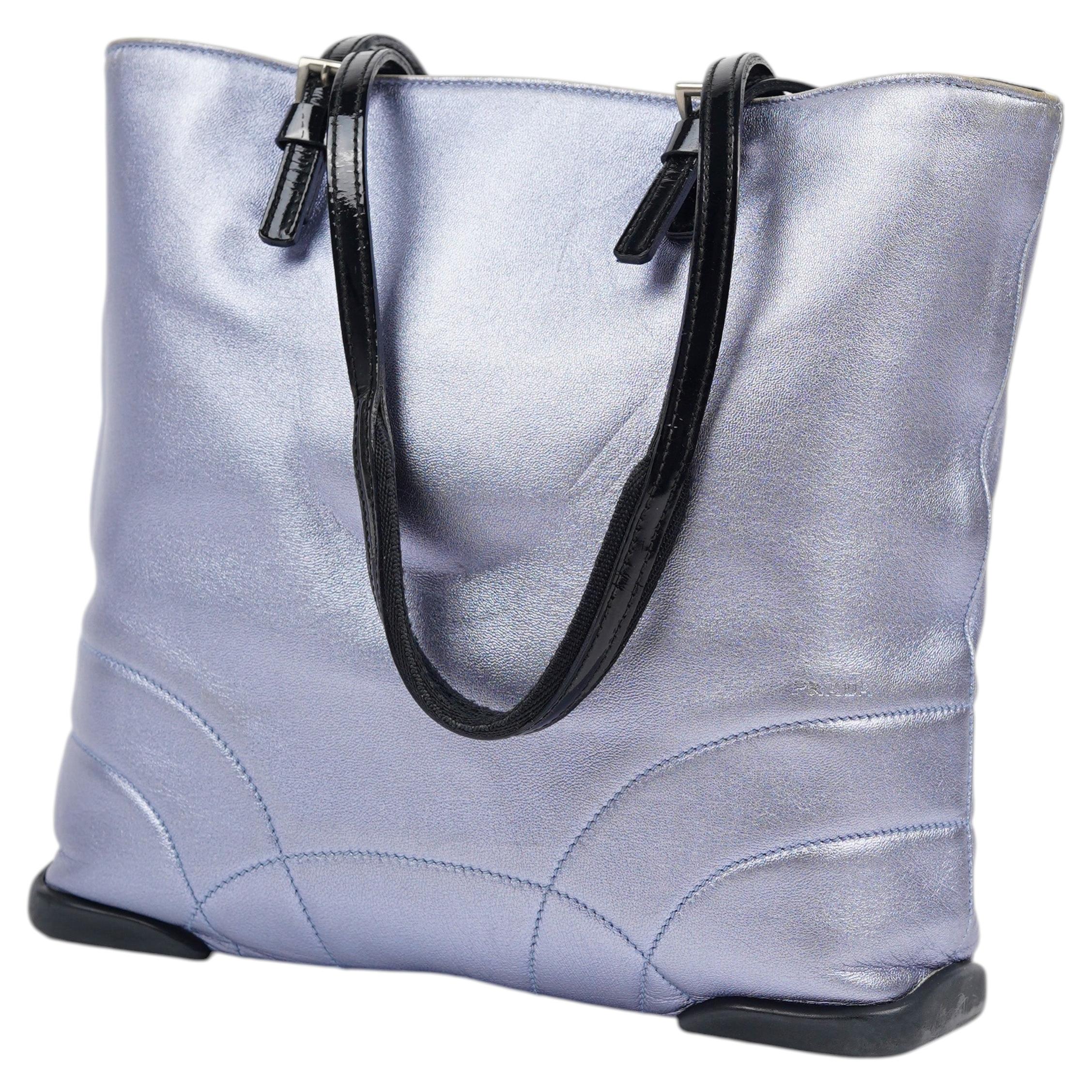 Prada S/S 2000 Metallic Pastel Blue Nappa Leather Shoulder Bag with Mesh Detail For Sale