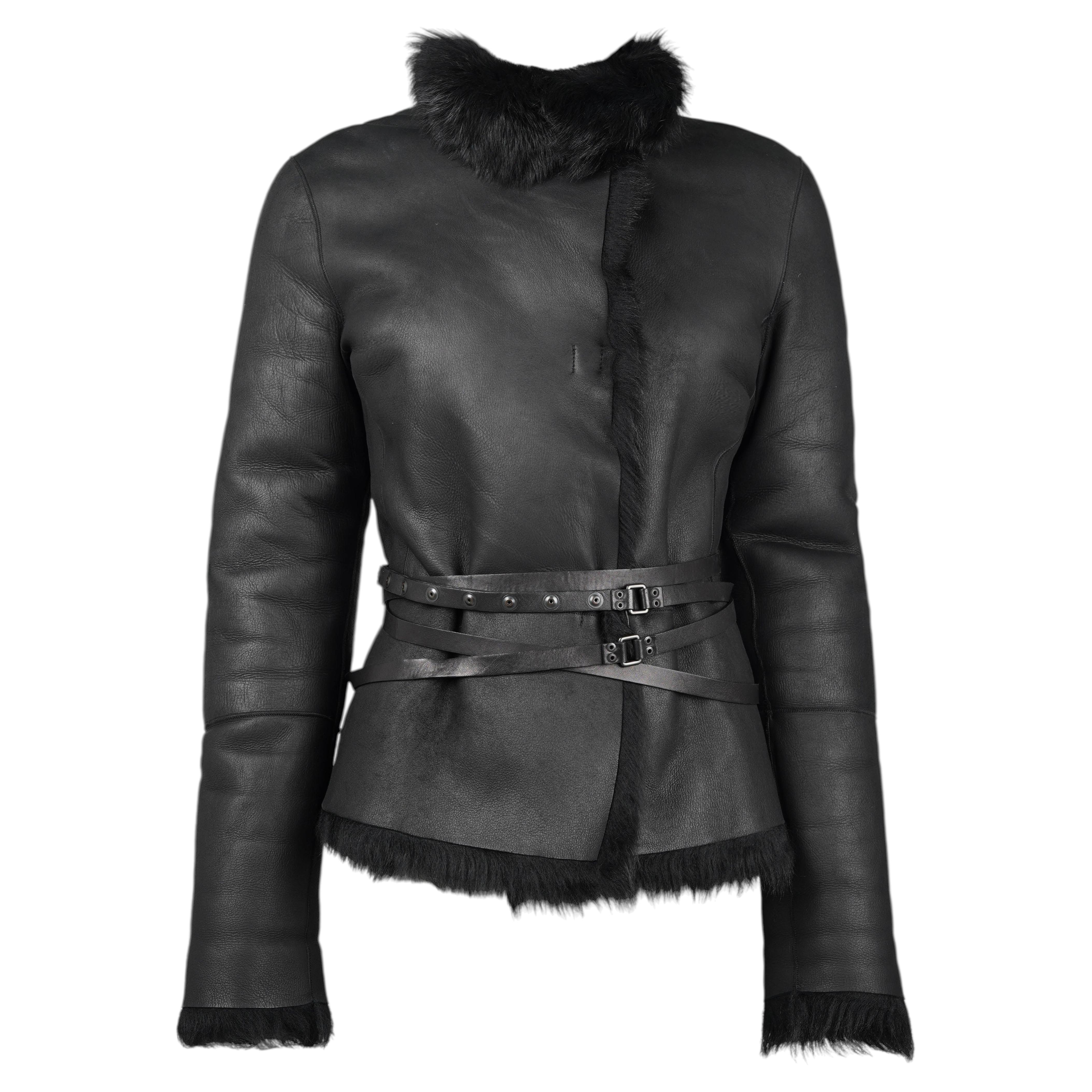 Gucci by Tom Ford F/W 2002 Black Shearling Belted Leather Fur Coat IT38