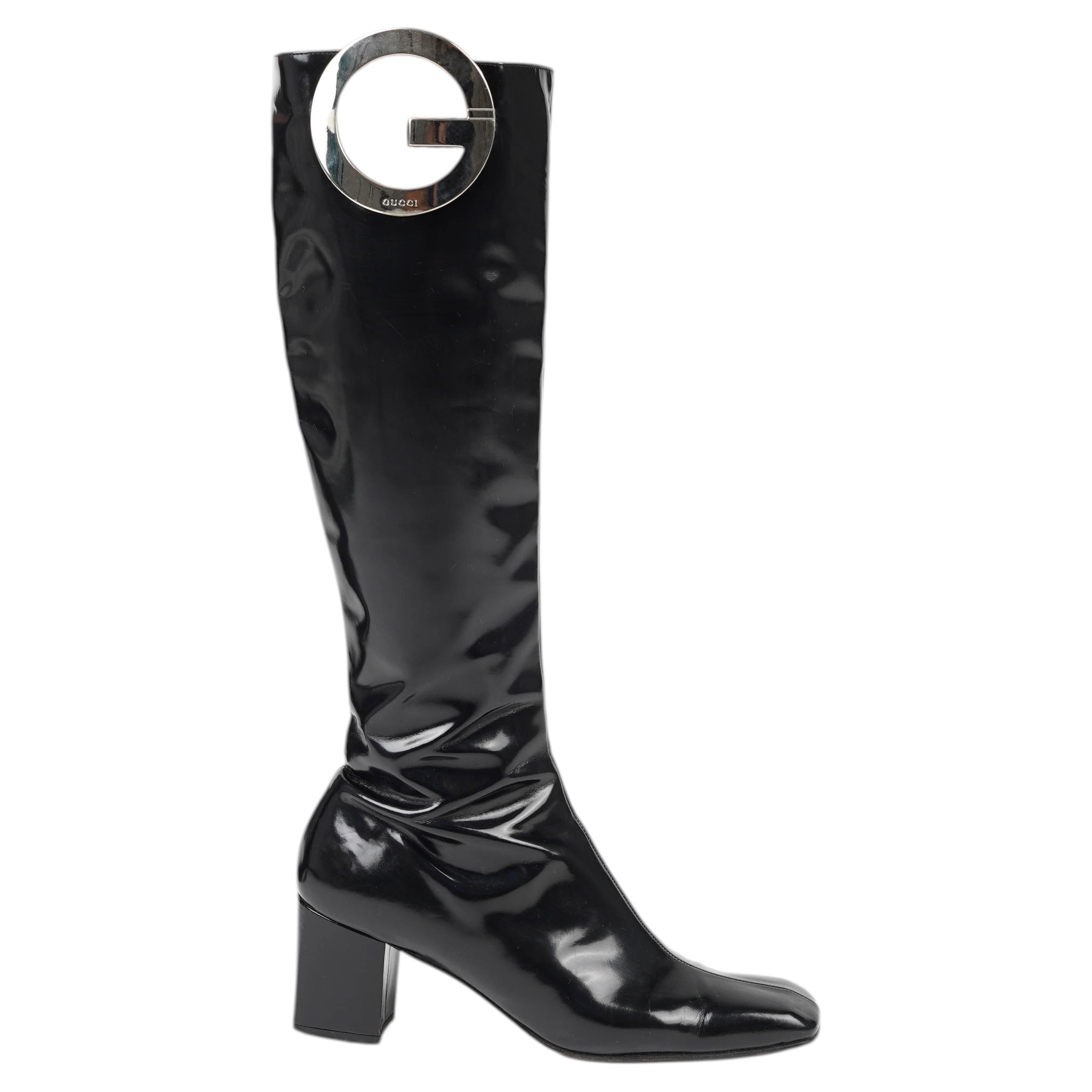 Gucci by Tom Ford Spring/Summer 1996 Black Patent Leather GG Runway Boots