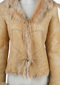 Roberto Cavalli 2003 Beige Heart Shearling Leather Jacket with Fur Trim Size S