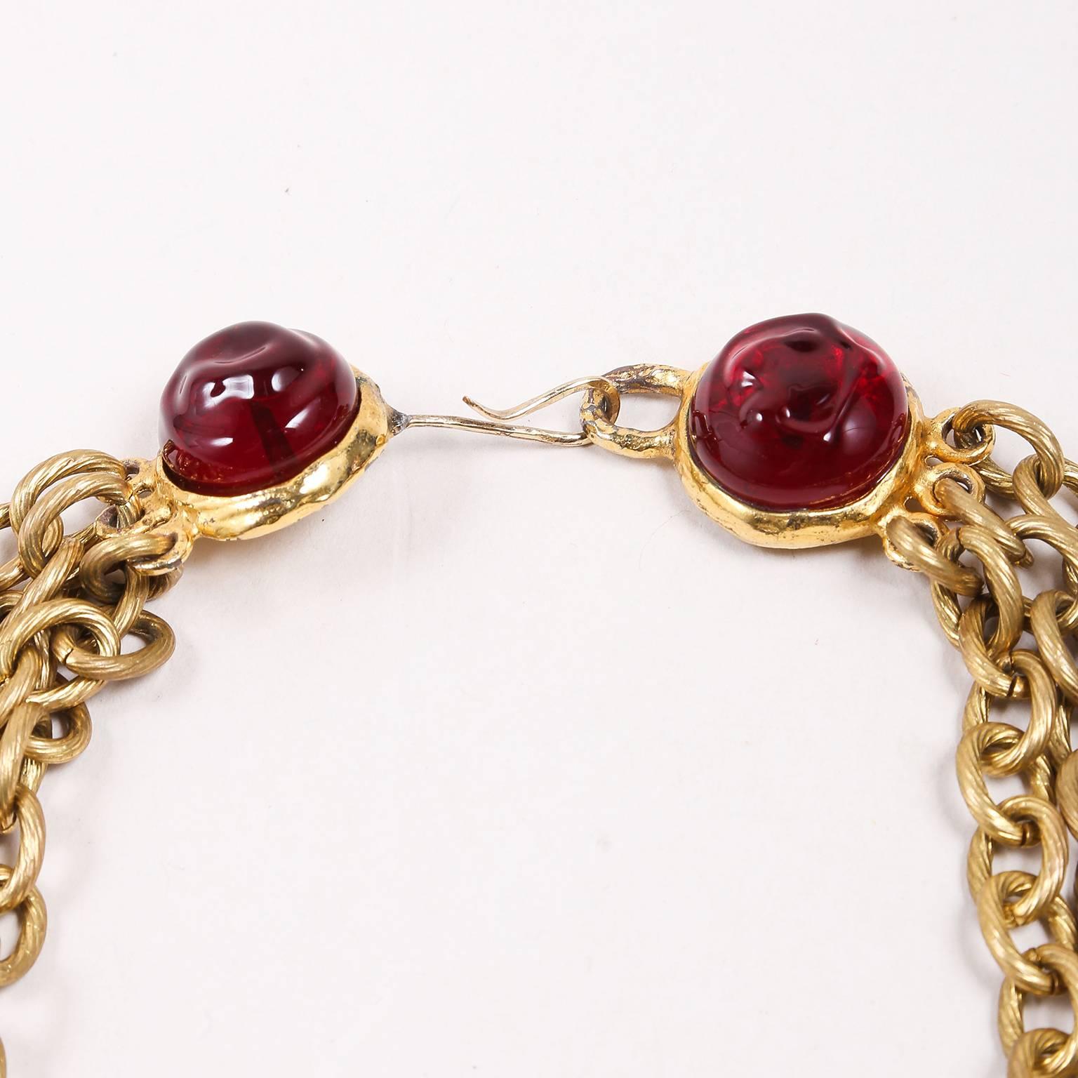 Chanel Gold Tone Red Multi Strand Chain Stone Embellished Flower Necklac In Good Condition For Sale In Chicago, IL