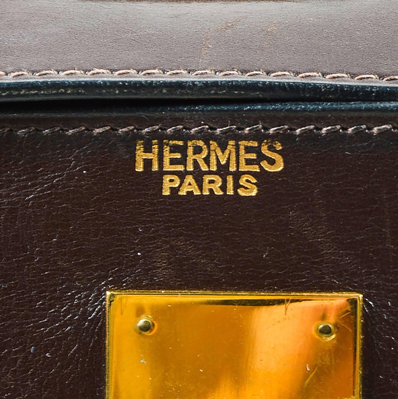 Vintage 1968 Hermes Brown Beige Box Leather Textured Toile 