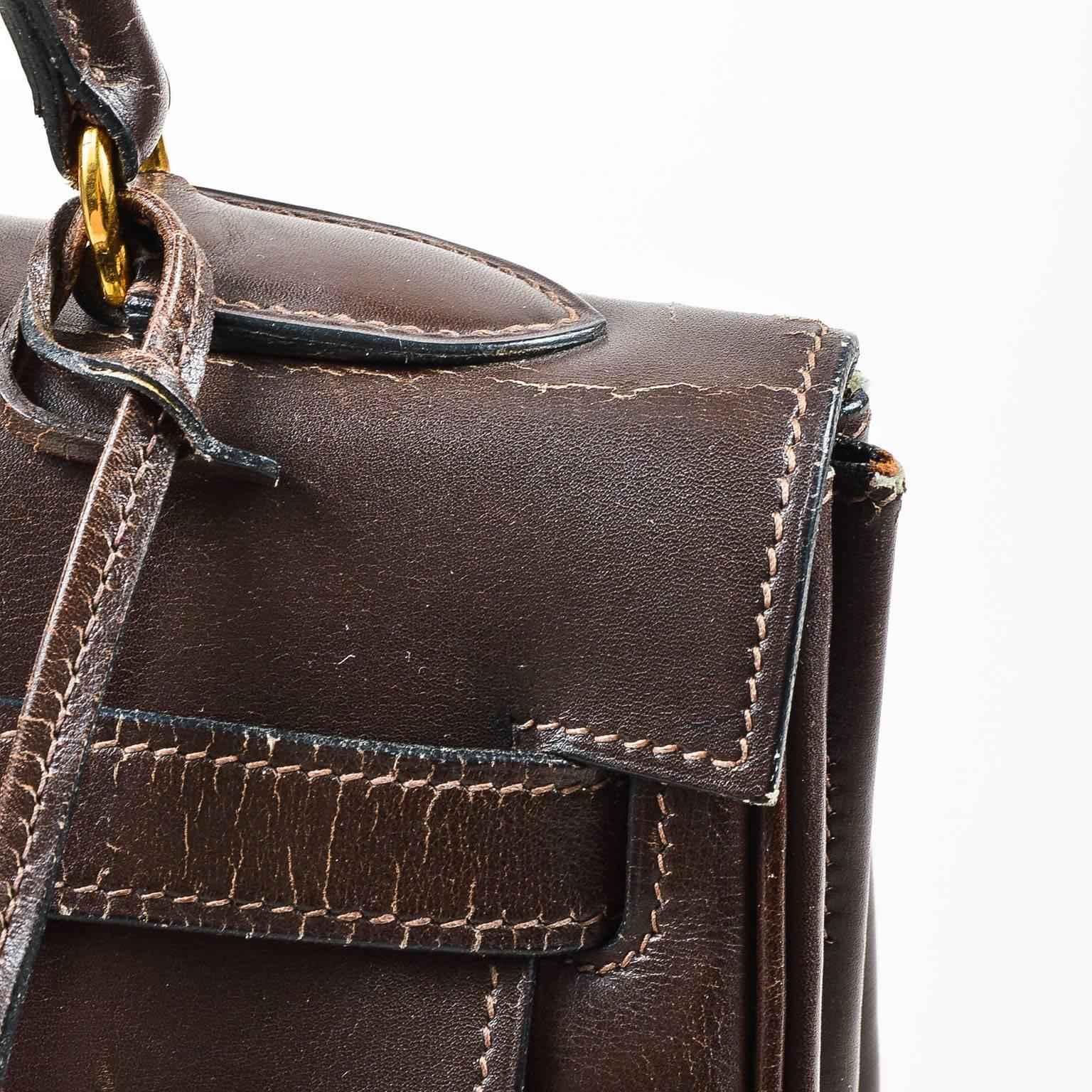 Vintage 1968 Hermes Brown Beige Box Leather Textured Toile 