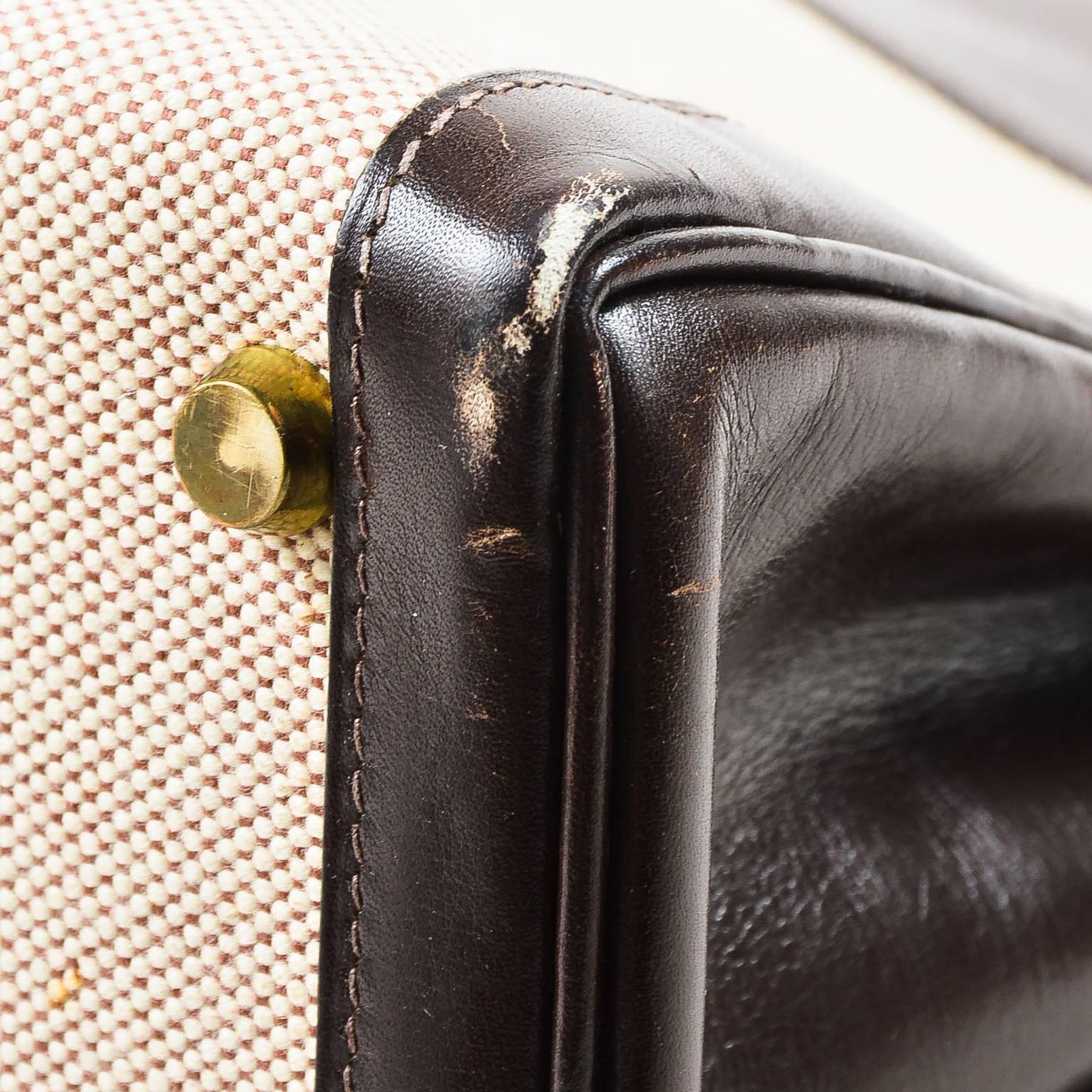 Women's Vintage 1968 Hermes Brown Beige Box Leather Textured Toile 