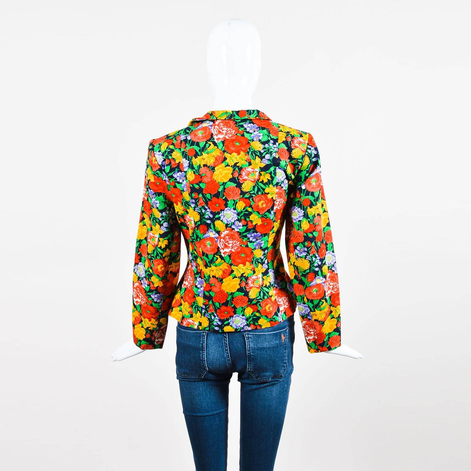 Beige Vintage Yves Saint Laurent Multicolor Fitted Floral Print Blazer SZ 40 For Sale
