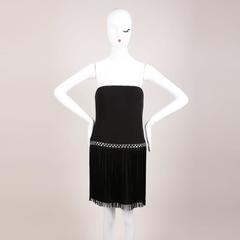 Vintage Bob Mackie Black Clear Rhinestone Bead & Fringe Trim Strapless Dress