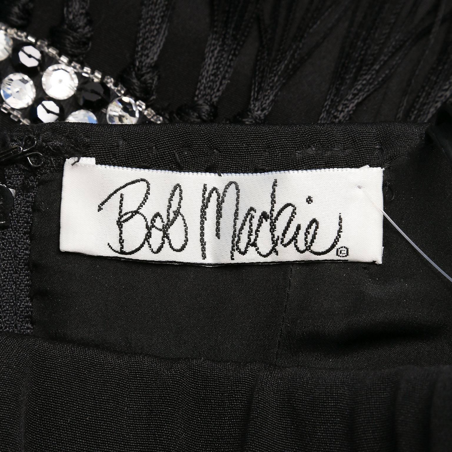 Women's Vintage Bob Mackie Black Clear Rhinestone Bead & Fringe Trim Strapless Dress For Sale
