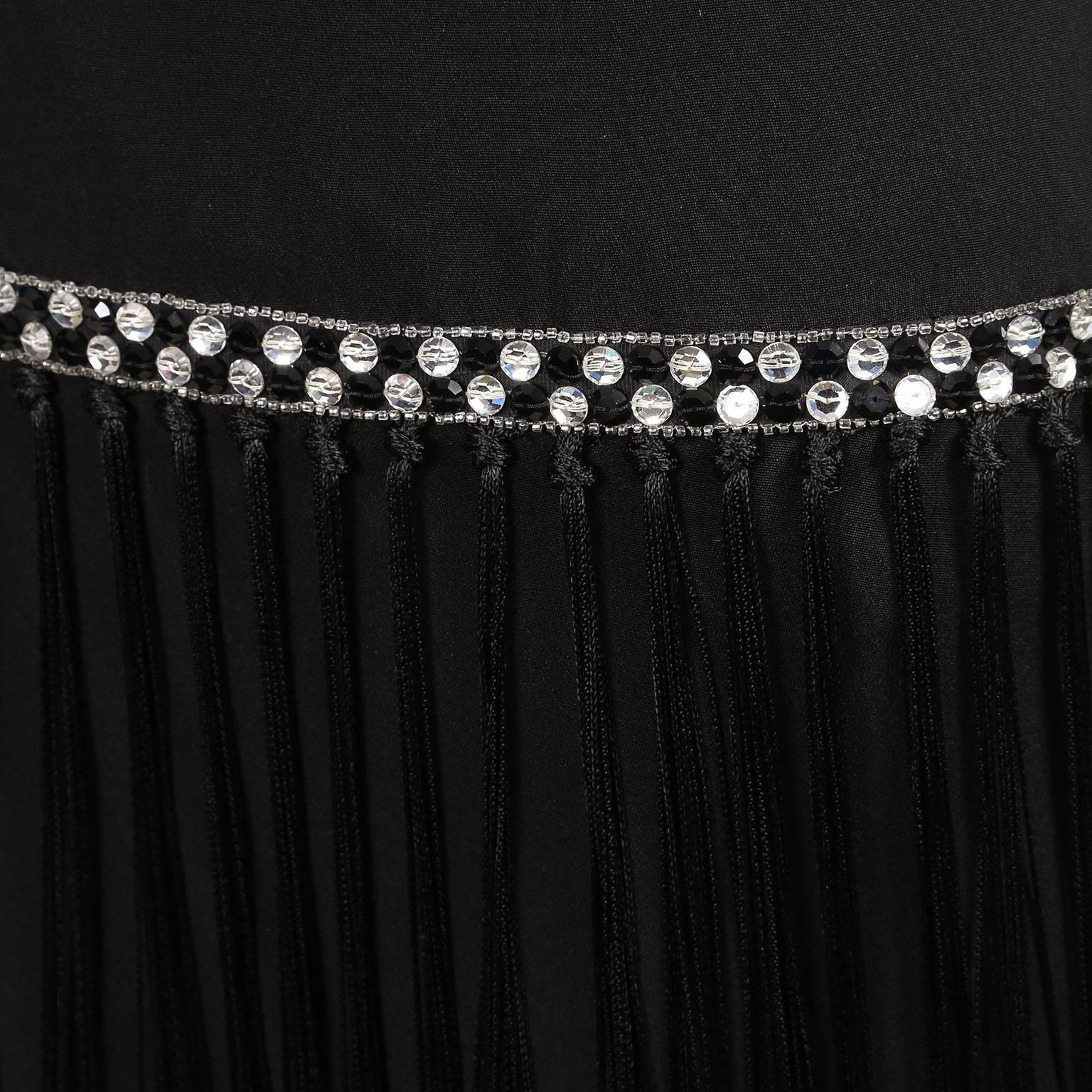 Vintage Bob Mackie Black Clear Rhinestone Bead & Fringe Trim Strapless Dress In Good Condition For Sale In Chicago, IL