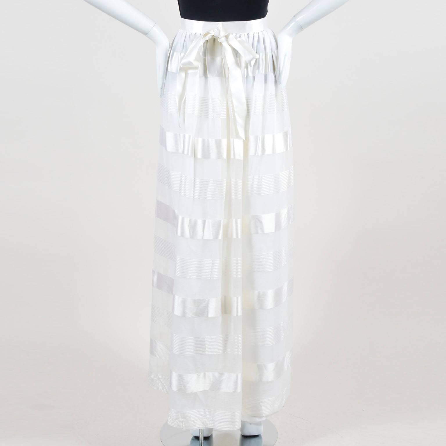 Gray Vintage Adolfo At Saks Fifth Ave White Satin Sheer Stripe Overlay Bow Maxi Skirt For Sale