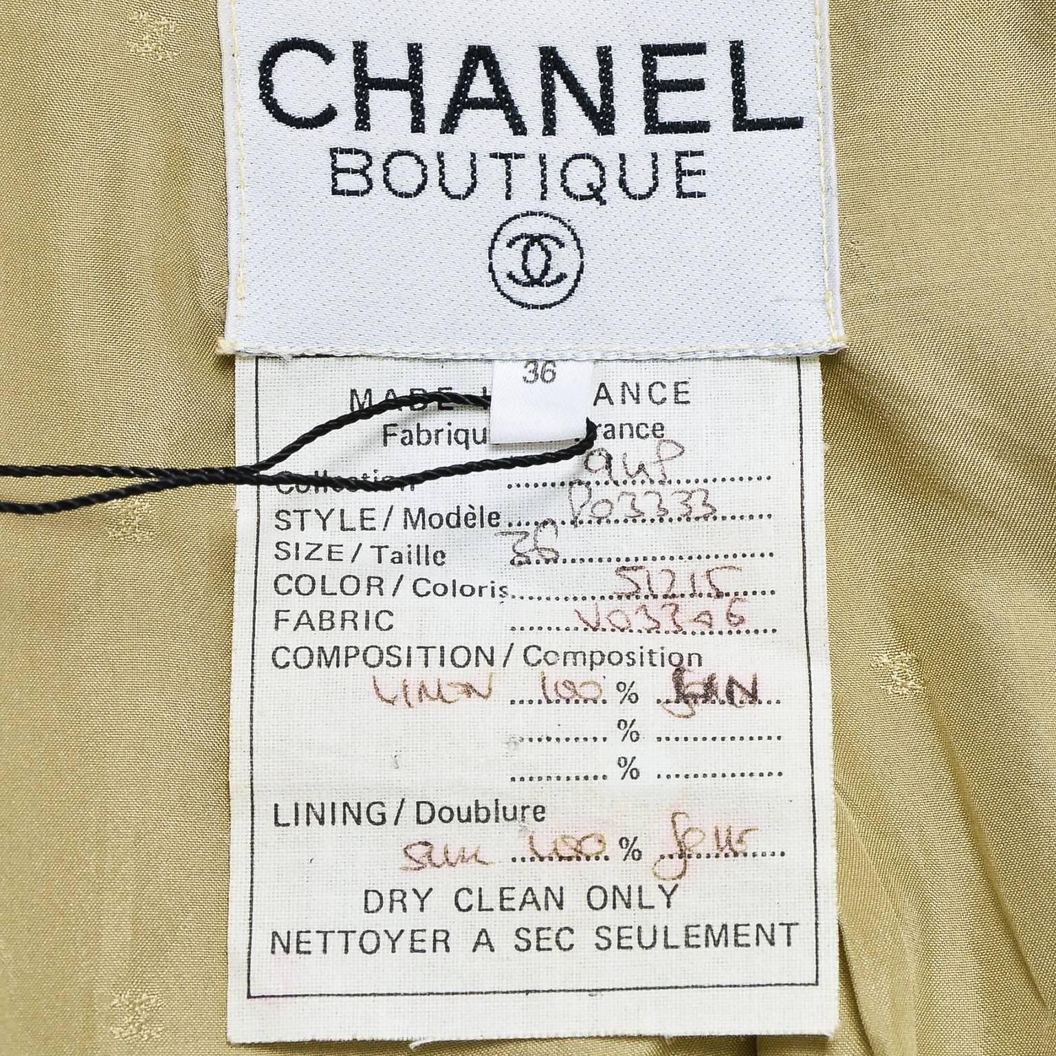 Vintage Chanel 94P Tan Linen Gold Tone 'CC' Button Jacket SZ 36 For Sale 1