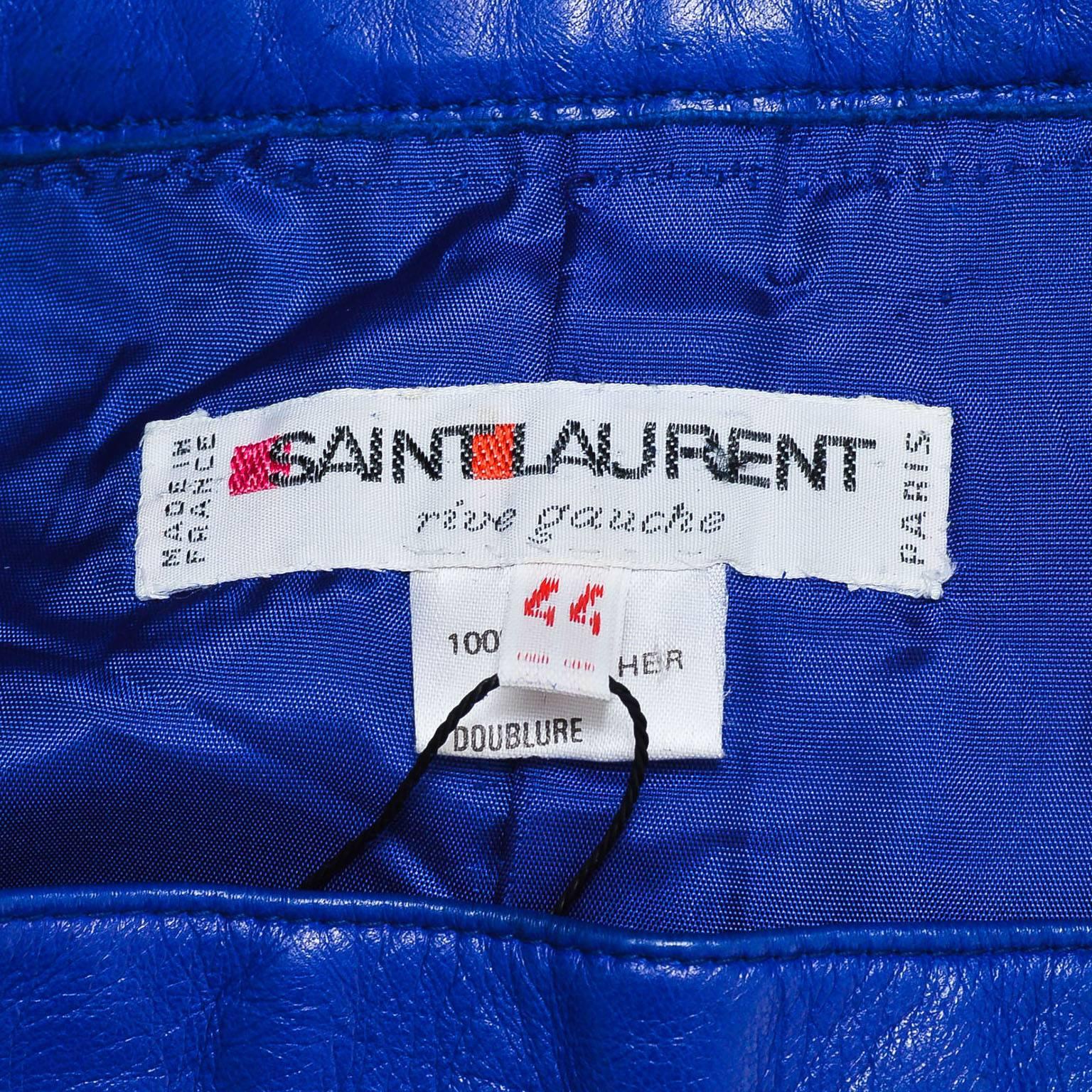 Vintage Saint Laurent Royal Blue Leather Pencil Skirt SZ 44 In Good Condition In Chicago, IL