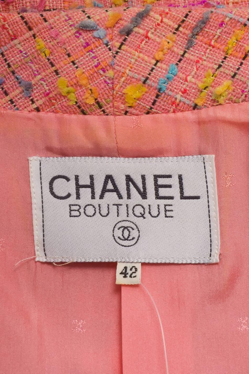 Vintage Chanel Boutique Pink Multicolor Longline Nubby Tweed LS Jacket SZ 42 In Good Condition For Sale In Chicago, IL