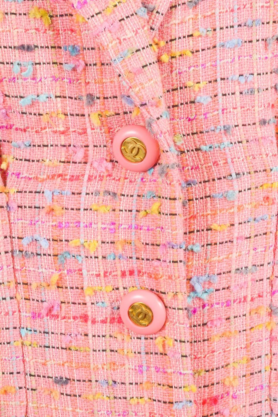 Women's Vintage Chanel Boutique Pink Multicolor Longline Nubby Tweed LS Jacket SZ 42 For Sale