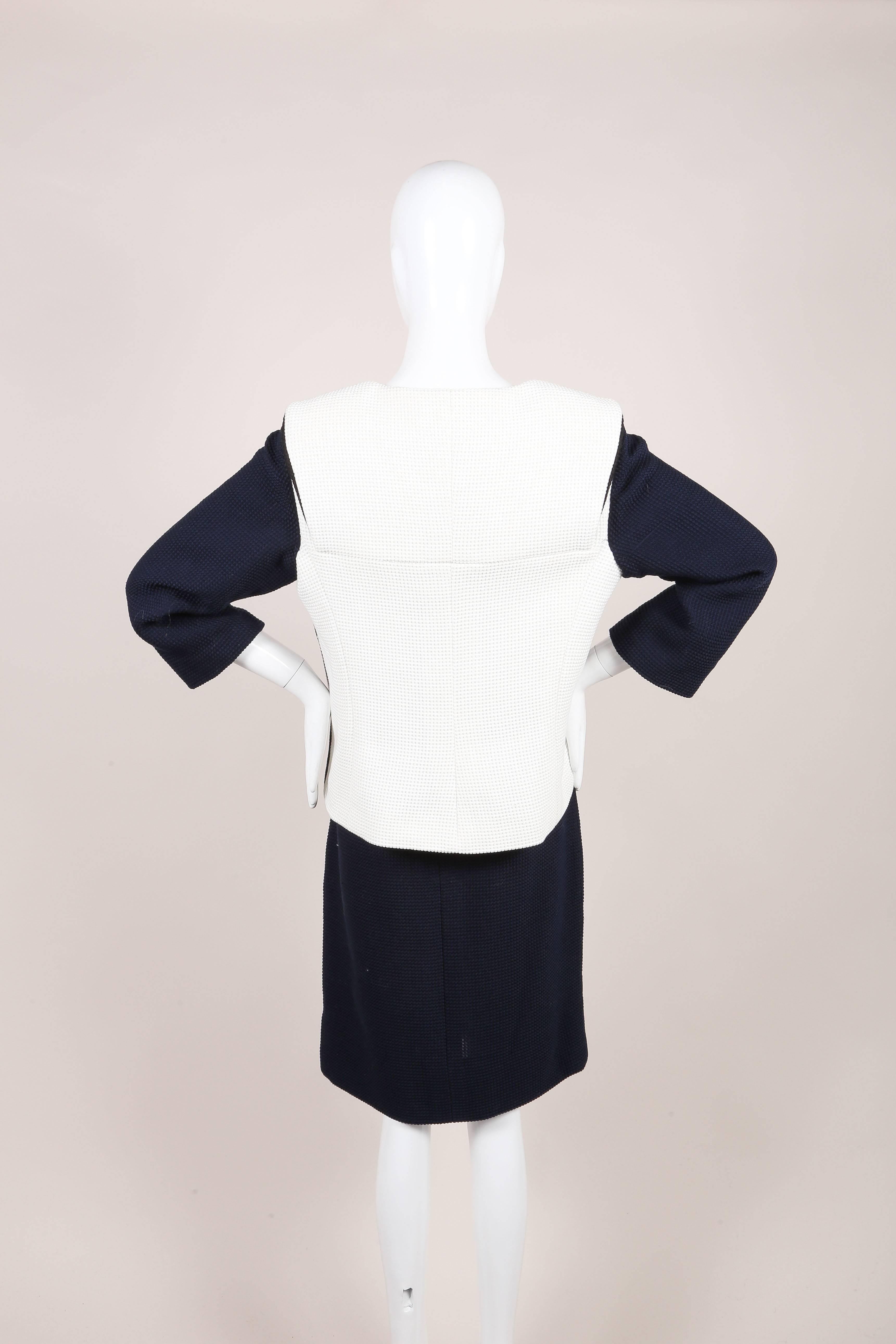 Gray Chanel Navy Cream Woven Colorblock Crop Sleeve Jacket Pencil Skirt Suit SZ 46/42 For Sale