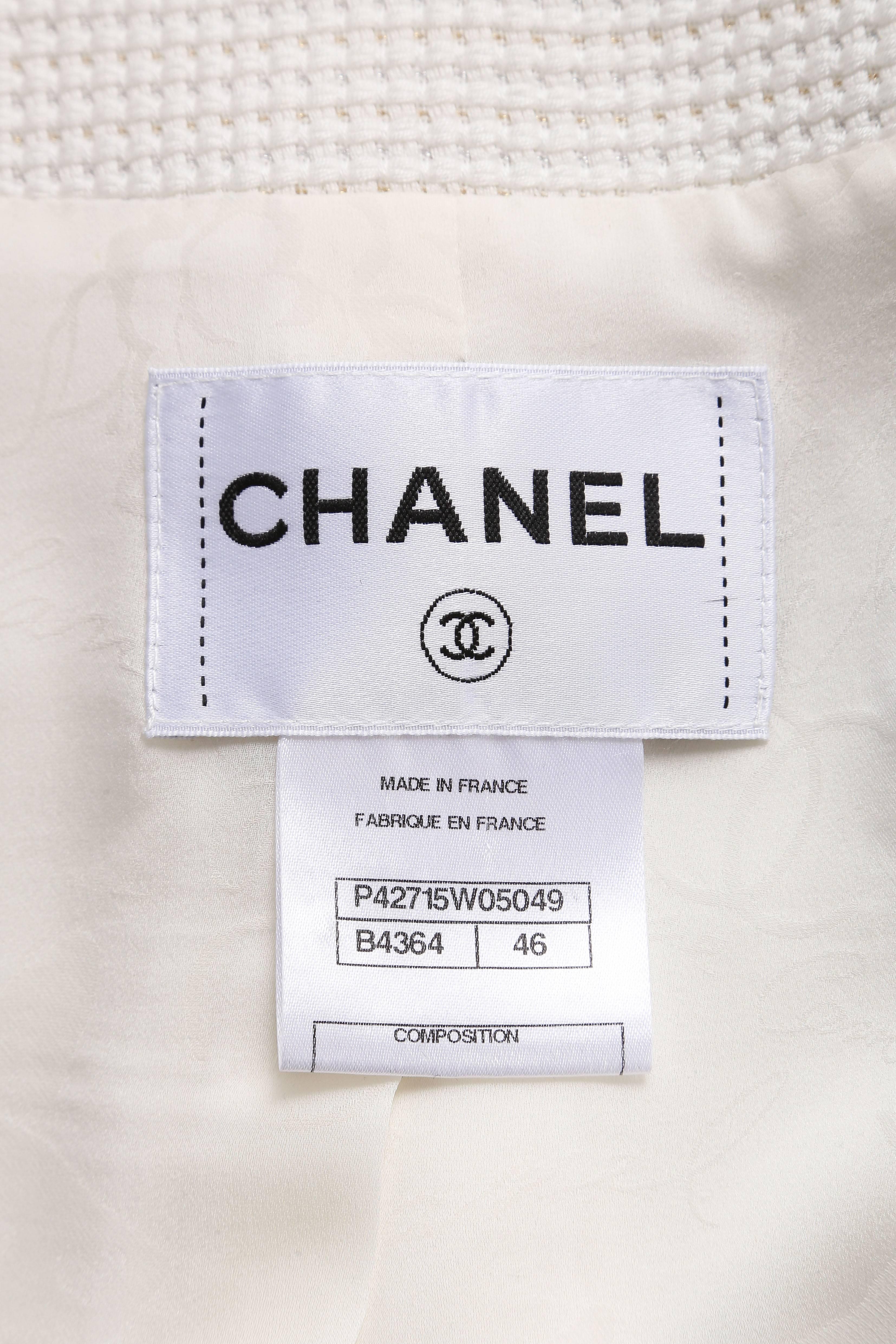 Women's Chanel Navy Cream Woven Colorblock Crop Sleeve Jacket Pencil Skirt Suit SZ 46/42 For Sale