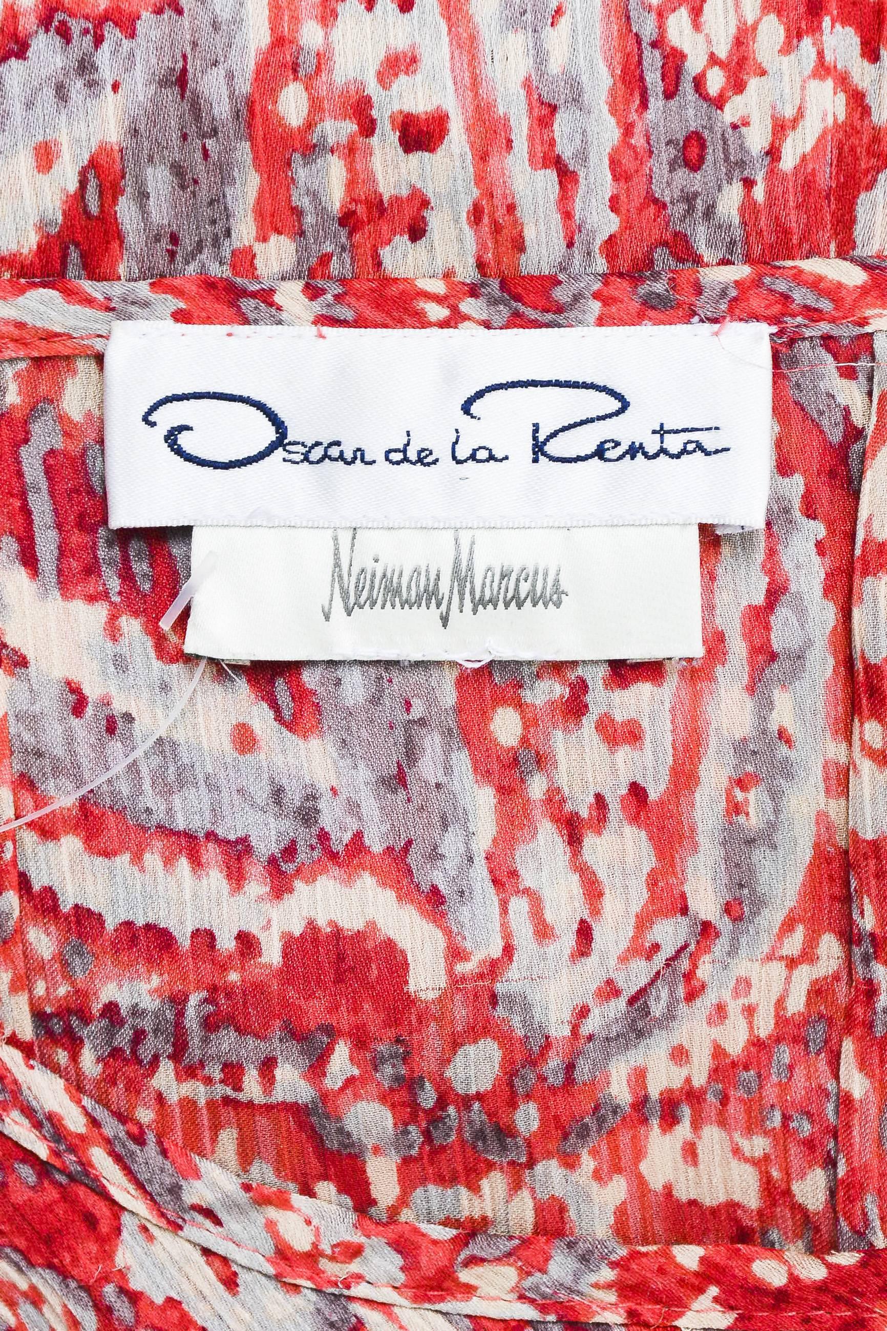 Women's Vintage Oscar de la Renta Red & Gray Satin Printed & Textured Muumuu Dress