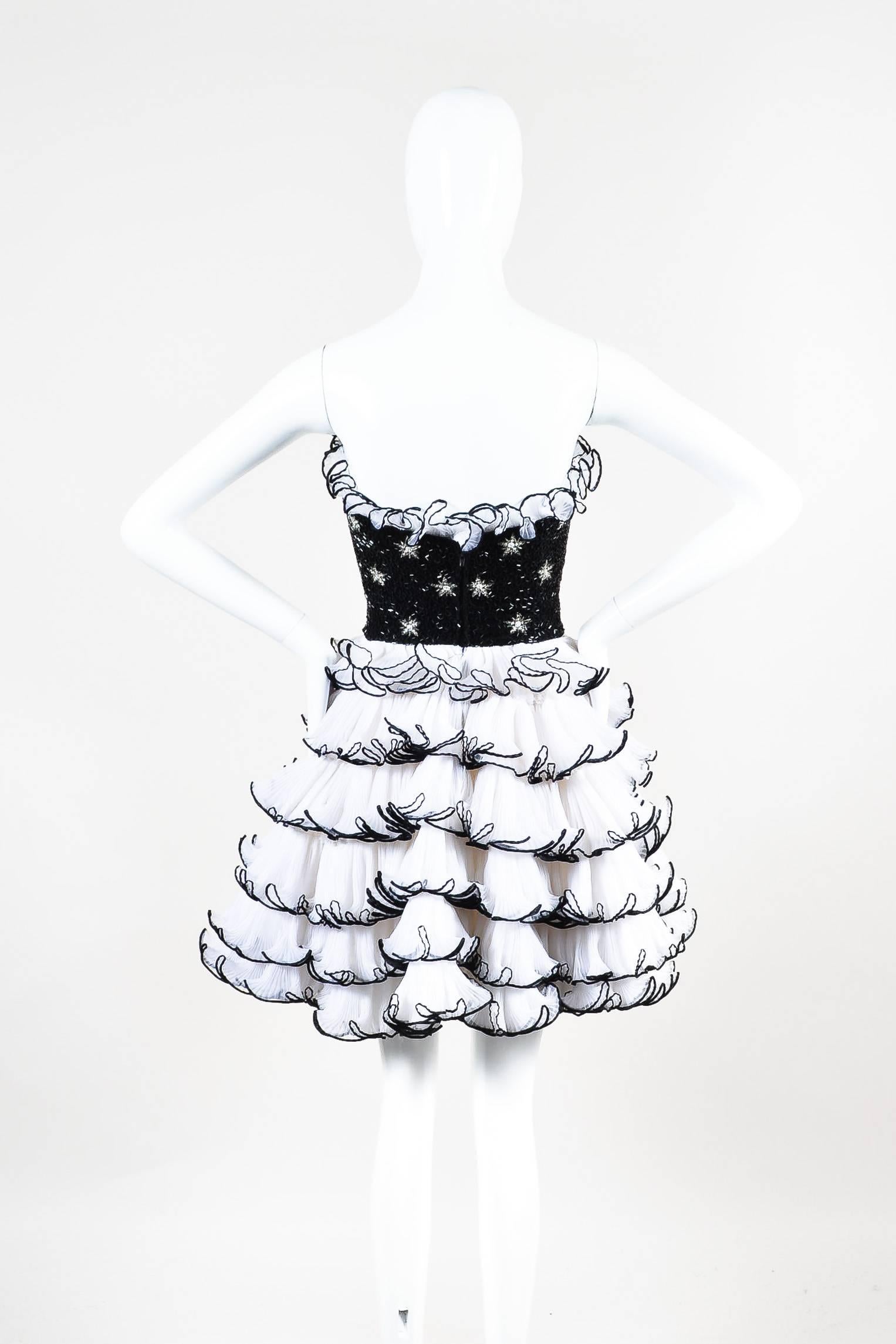 Gray Vintage Bob Mackie Black Cream Beaded Pleated Ruffle Strapless Cocktail Dress For Sale