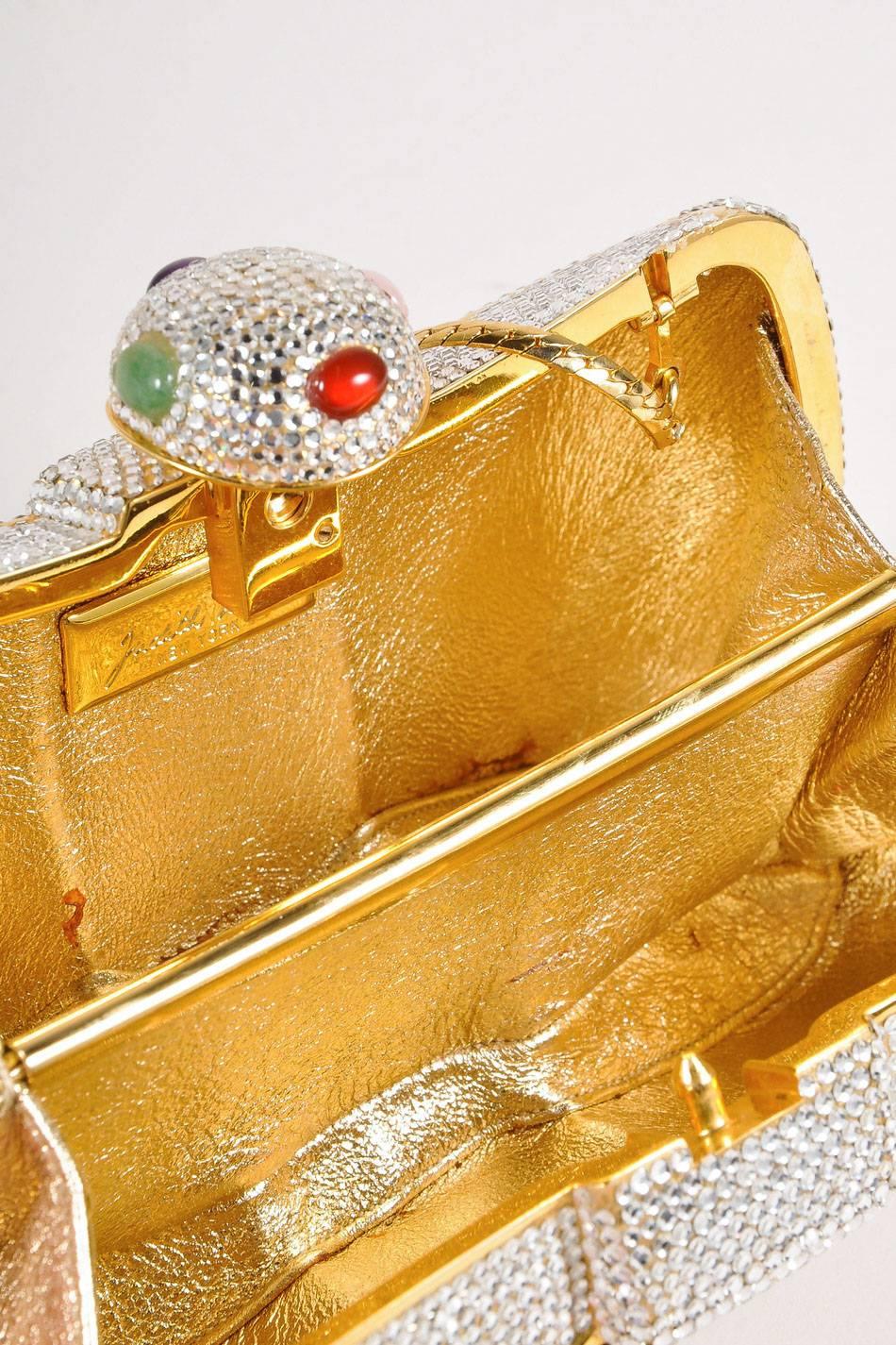 Judith Leiber Gold Tone Crystal Embellished Bow Minaudiere Shoulder Bag For Sale 4